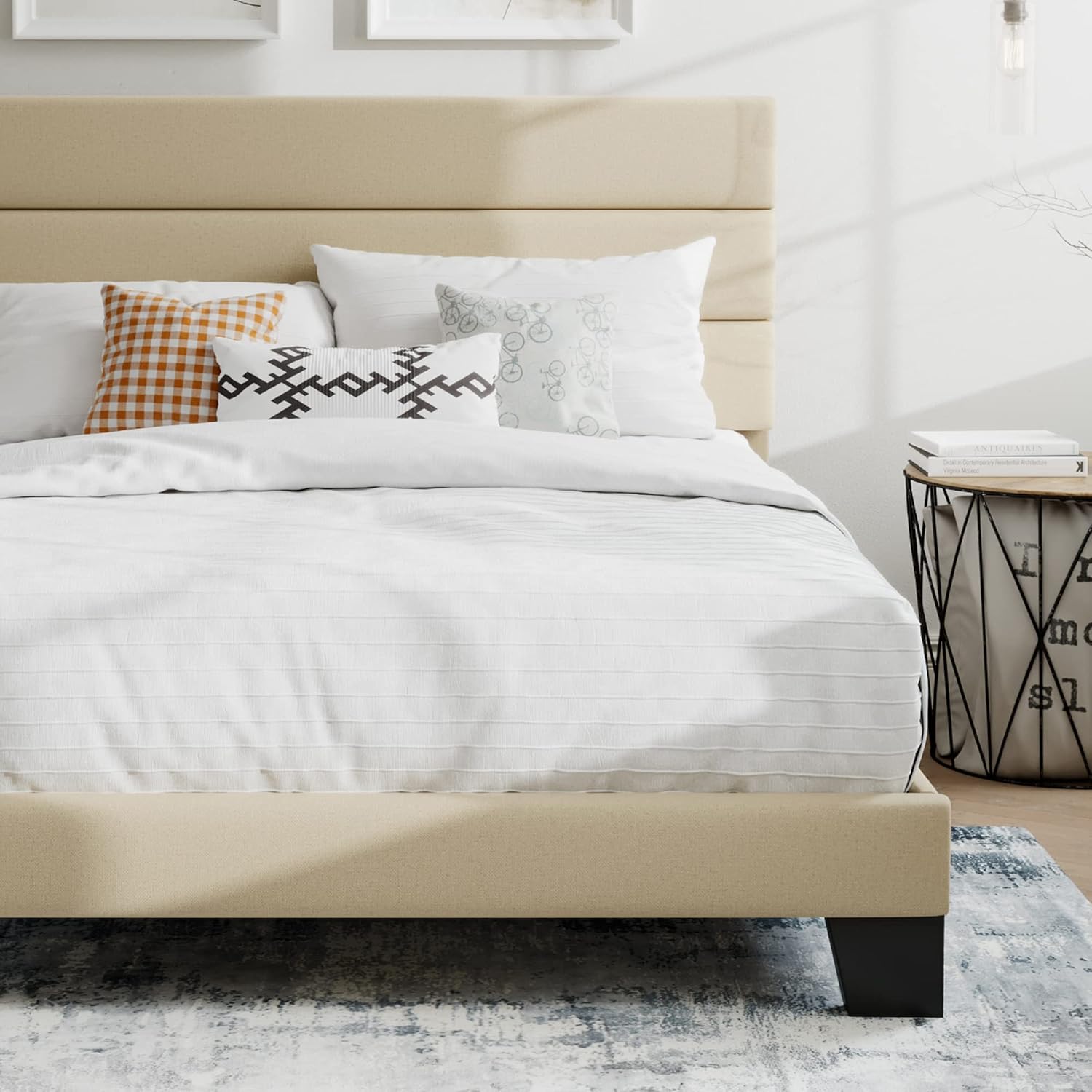 SHA CERLIN Full Platform Bed Frame with Upholstered Fabric Headboard, Grey