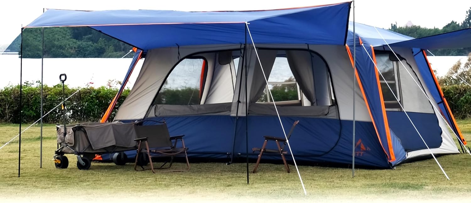KTT Extra Large Tent 12-14 Person, Family Cabin Tents, 2 Rooms, Straight Wall, 2 Doors 4 Windows with Mesh, Waterproof, Double Layer