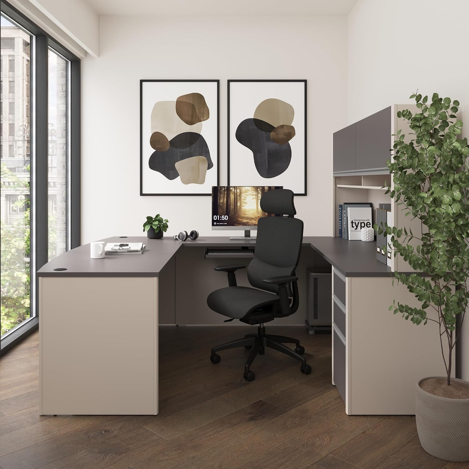Bestar Connexion U-Shaped Workstation with Three Drawers, 72W, Slate/Sandstone | With Three Drawers; Durable 1" commercial grade work surface with melamine finish that resist scratches; for home office use