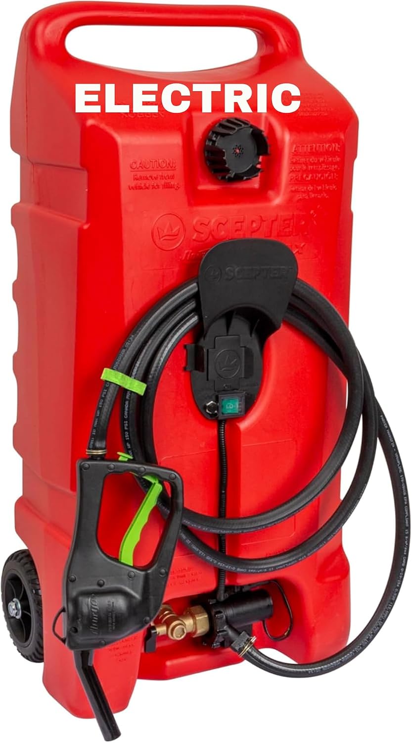 Scepter Duramax Flo ’N Go 14 Gallon Gas Caddy, 53 Liter Fuel Tank, Red | Updated Version, Portable Fuel Transfer Pump with 10-Foot Hose for Lawn Mower, Farm, Marine, Commercial, and Home Use