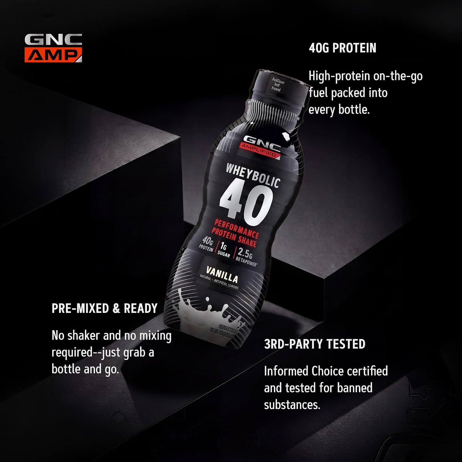 GNC AMP Wheybolic 40 Whey Protein Shake, Vanilla, 14 oz