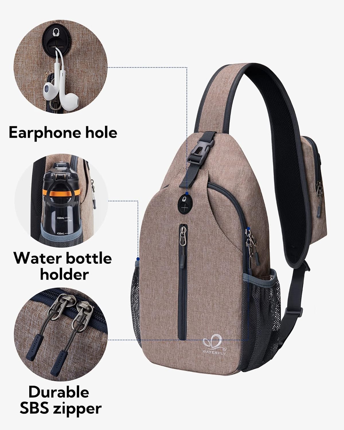 WATERFLY Crossbody Sling Backpack Sling Bag Travel Hiking Chest Bag Daypack (Black) | Small Hiking bag,Multi-compartment storage,Water-resistant,Breathable back pad,Reversible adjustable shoulder strap