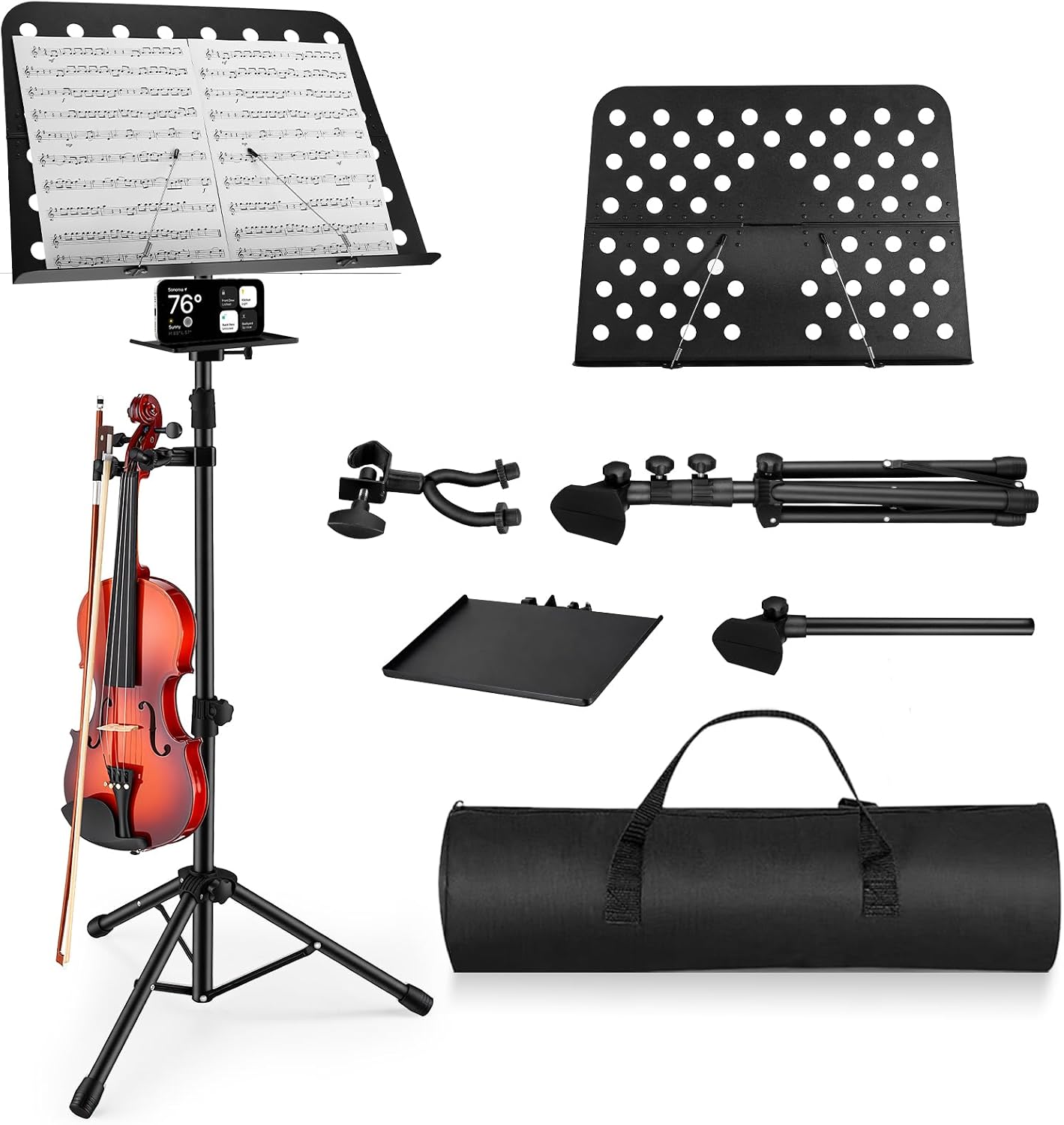 Music Stand, Vangoa Folding Sheet Music Stand with Detachable Microphone Stand & Phone Holder, Portable Lightweight with Music Sheet Clip Holder & Carrying Bag for Instrumental Performance