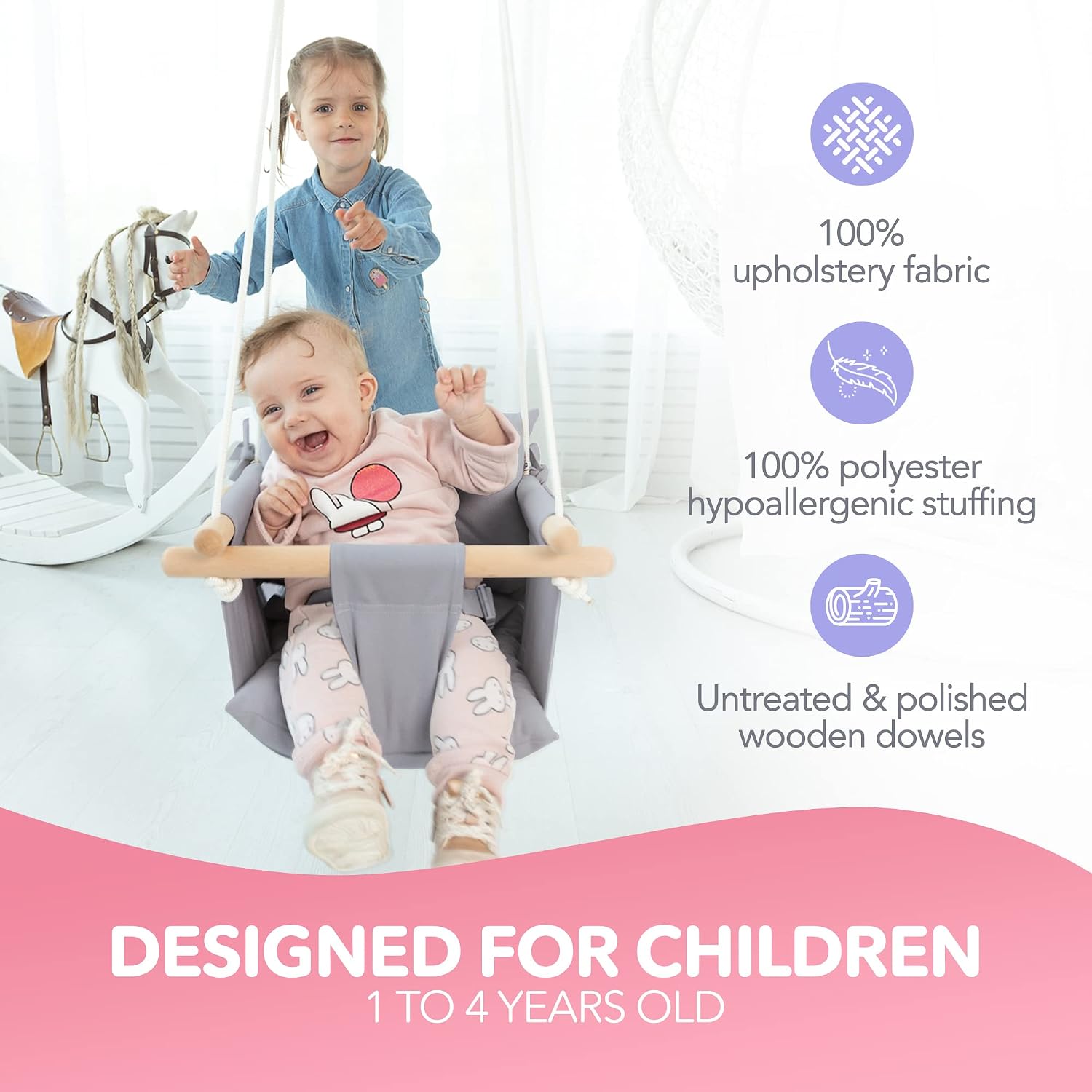 CaTeam Canvas Baby Swing Seat with 5-Point Safety Belt — Wooden Hanging Toddler Swing, Indoor & Outdoor, Ages 1-4, Ceiling Mount Hardware Included