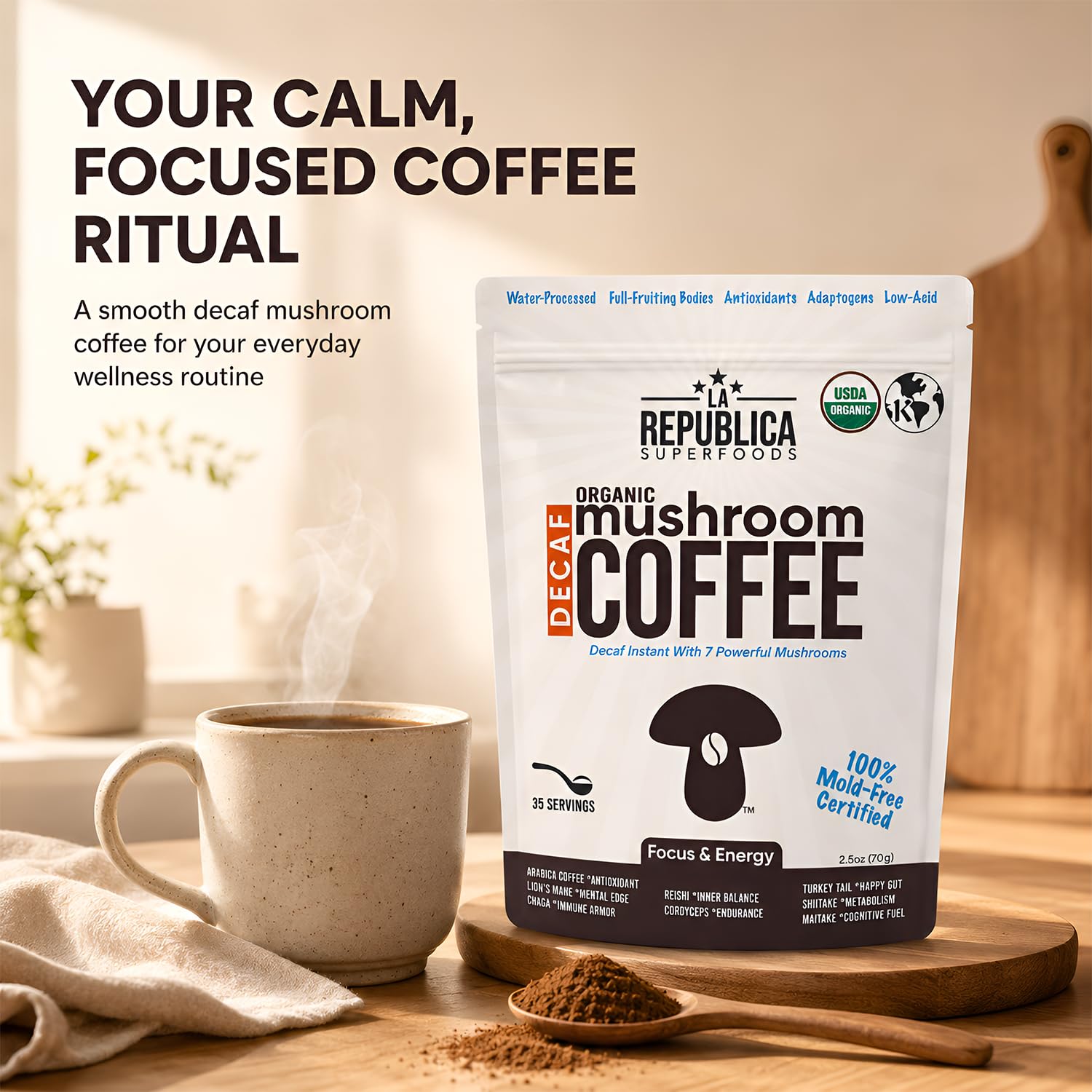 La Republica DECAF Organic Mushroom Coffee (35 Servings) with 7 Superfood Shrooms, Great Tasting Instant Mix Includes Lion's Mane, Reishi, Chaga, Cordyceps, Shiitake, Maitake, and Turkey Tail (Decaffeinated)