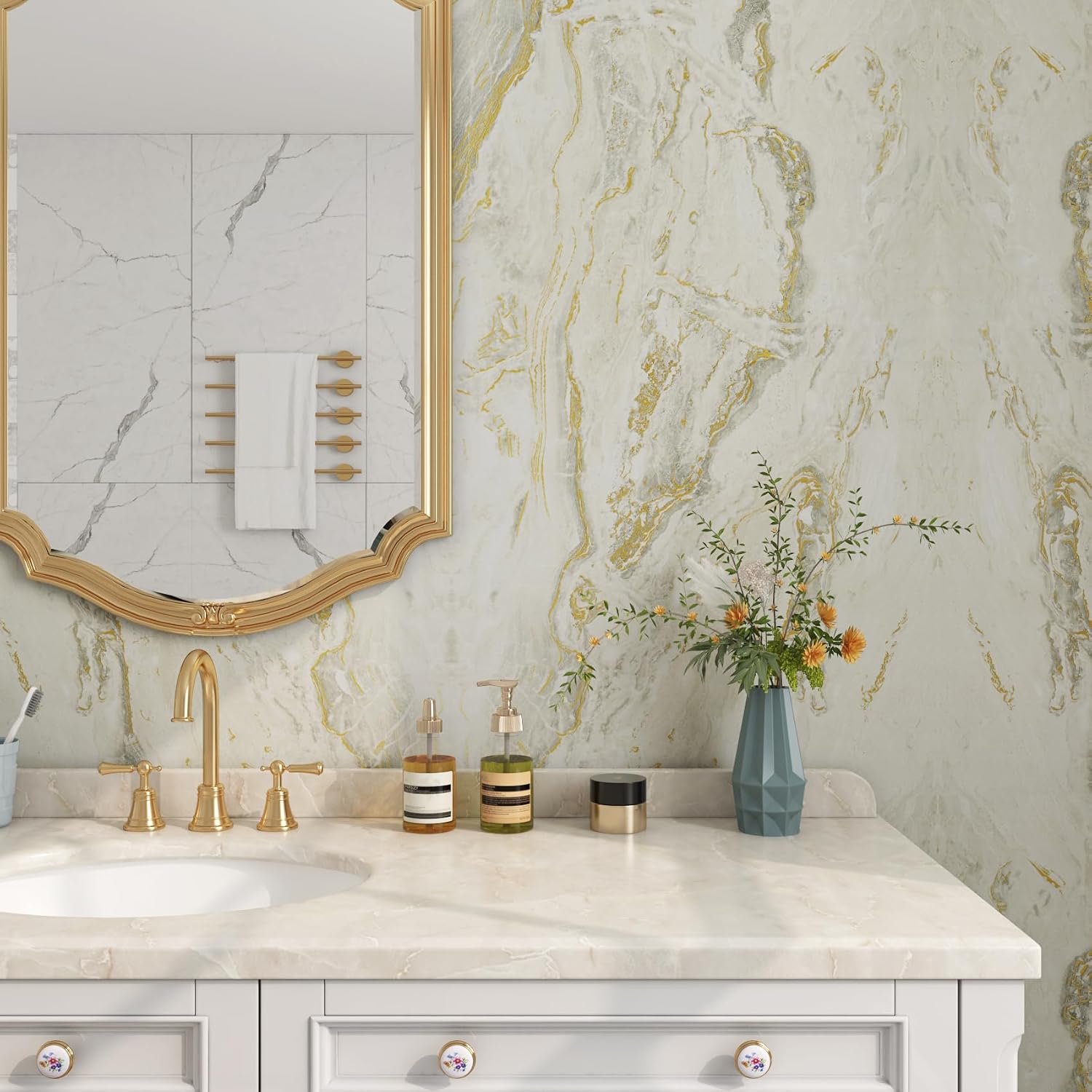 Yenhome Marble Countertop Contact Paper Waterproof Beige Gold Grey Marble Contact Paper for Countertops 17.7"X118" Self Adhesive Marble Wallpaper for Kitchen Matte Peel and Stick Countertop Wrap Vinyl