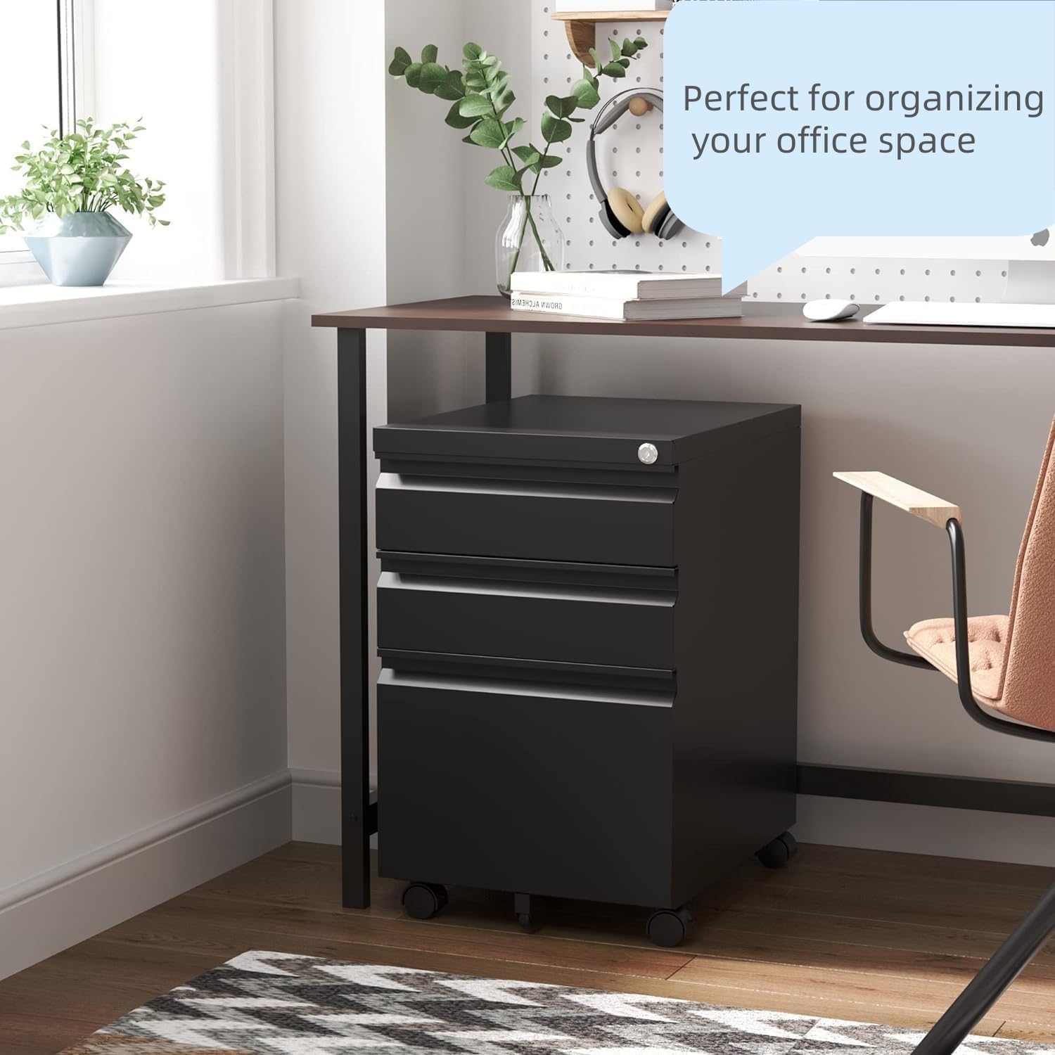 Guizeeopo 3 Drawer File Cabinet with Lock, File Cabinets for Home Office,Under Desk Cabinet, Locking File Cabinet for A4/Letter/Legal, Fully Assembled Expect Casters, Matte White