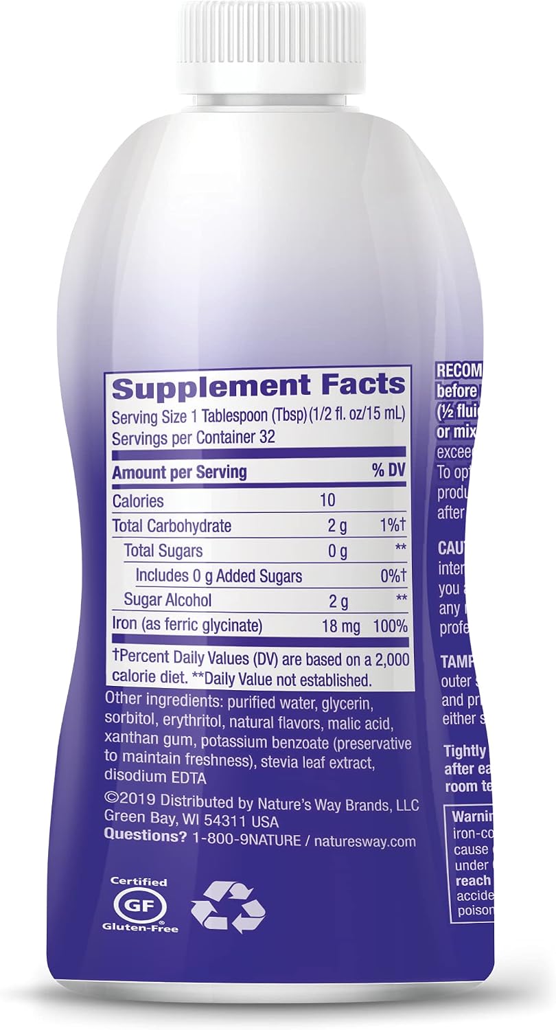 Nature’s Way Liquid Iron Supplement, 18 mg per Serving, Berry, 16 Fl Oz | Gentle Glycinate Iron, Fast-Absorbing Liquid, Iron for Red Blood Cell Support and Energy Metabolism*, No Sugar Added