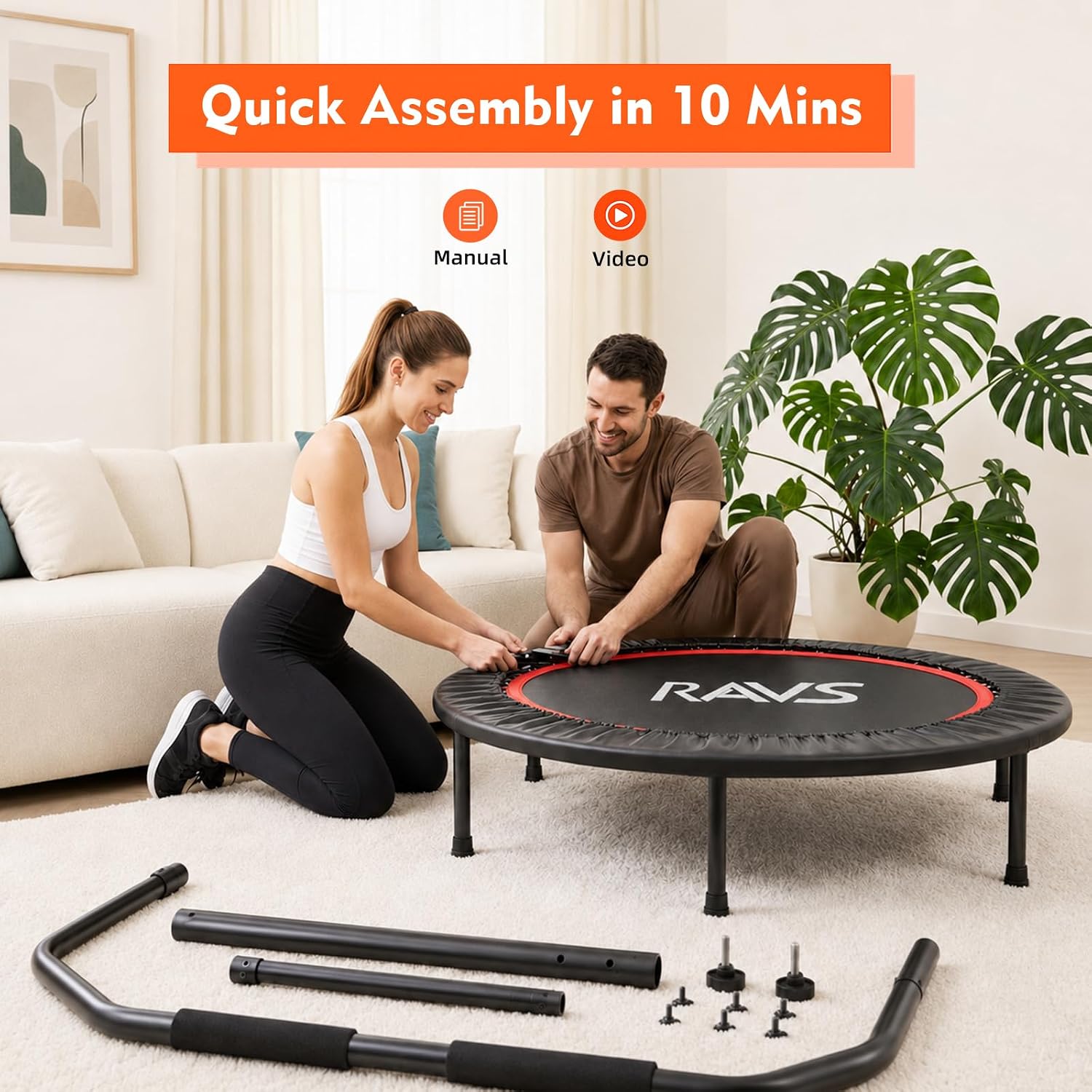 RAVS 40/48" Foldable Rebounder Trampoline for Adults, Handlebar, Indoor