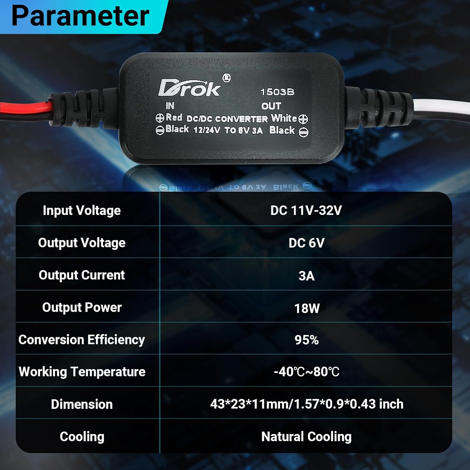 DROK 12V to 6V Step Down Converter, DC 11-32V to 6V 3A Buck Converter, 24V 12V DC Power Supply Voltage Regulator for Vehicle Car Truck RV Solar Panels