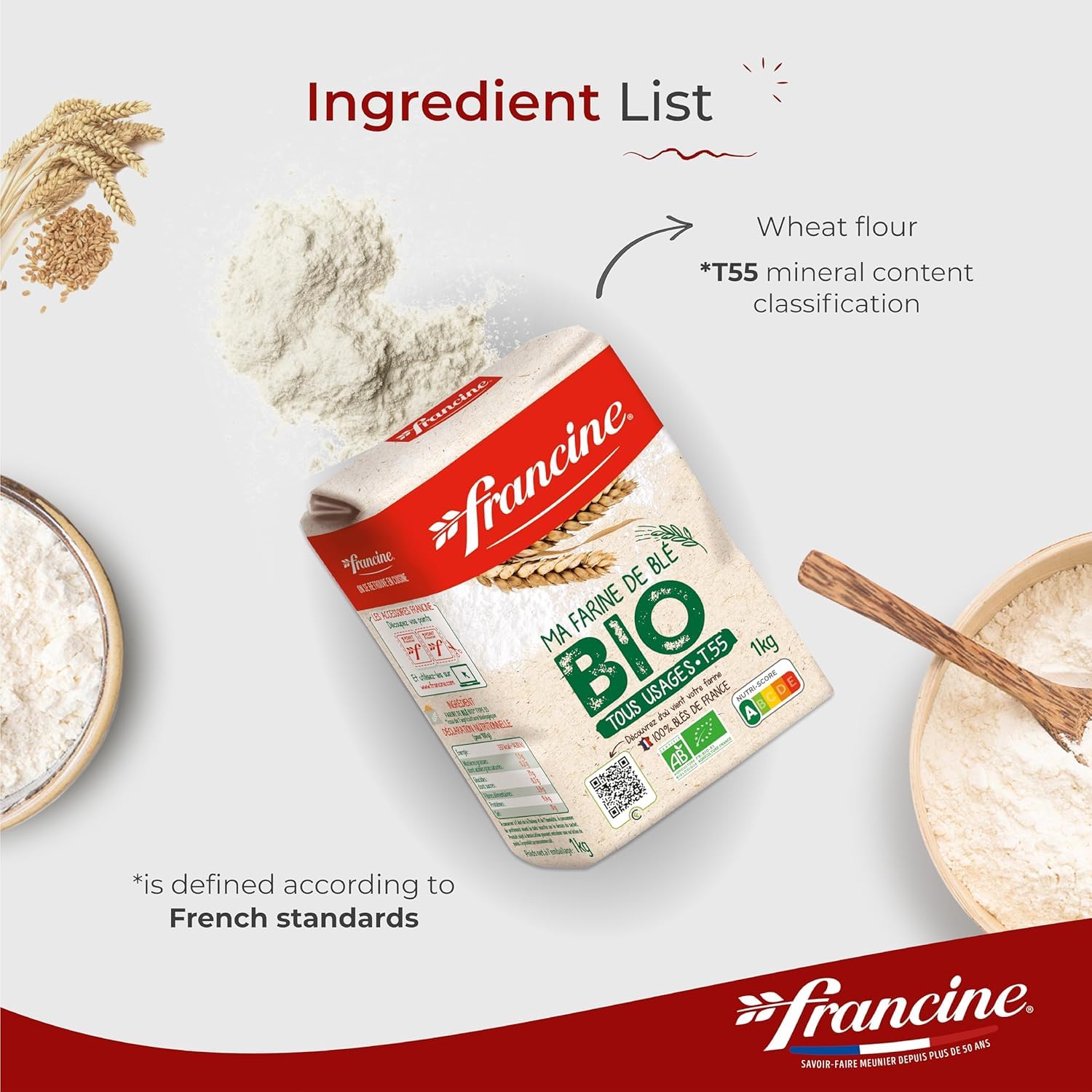 Francine Organic T55 All-Purpose French Flour, EU Certified, 2.2lb (2-Pack)