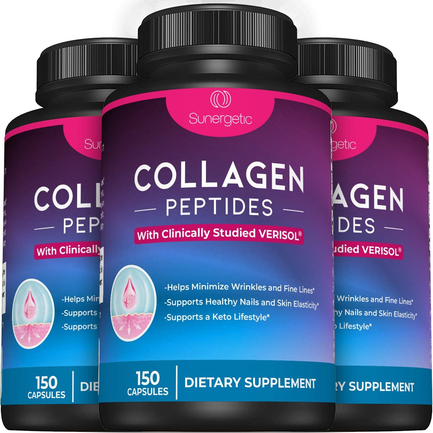 Sunergetic Premium Collagen Peptides Capsules – 2500 mg of VERISOL Collagen Peptides Type 1 & Type 3 – Multi Collagen Supplement to Support