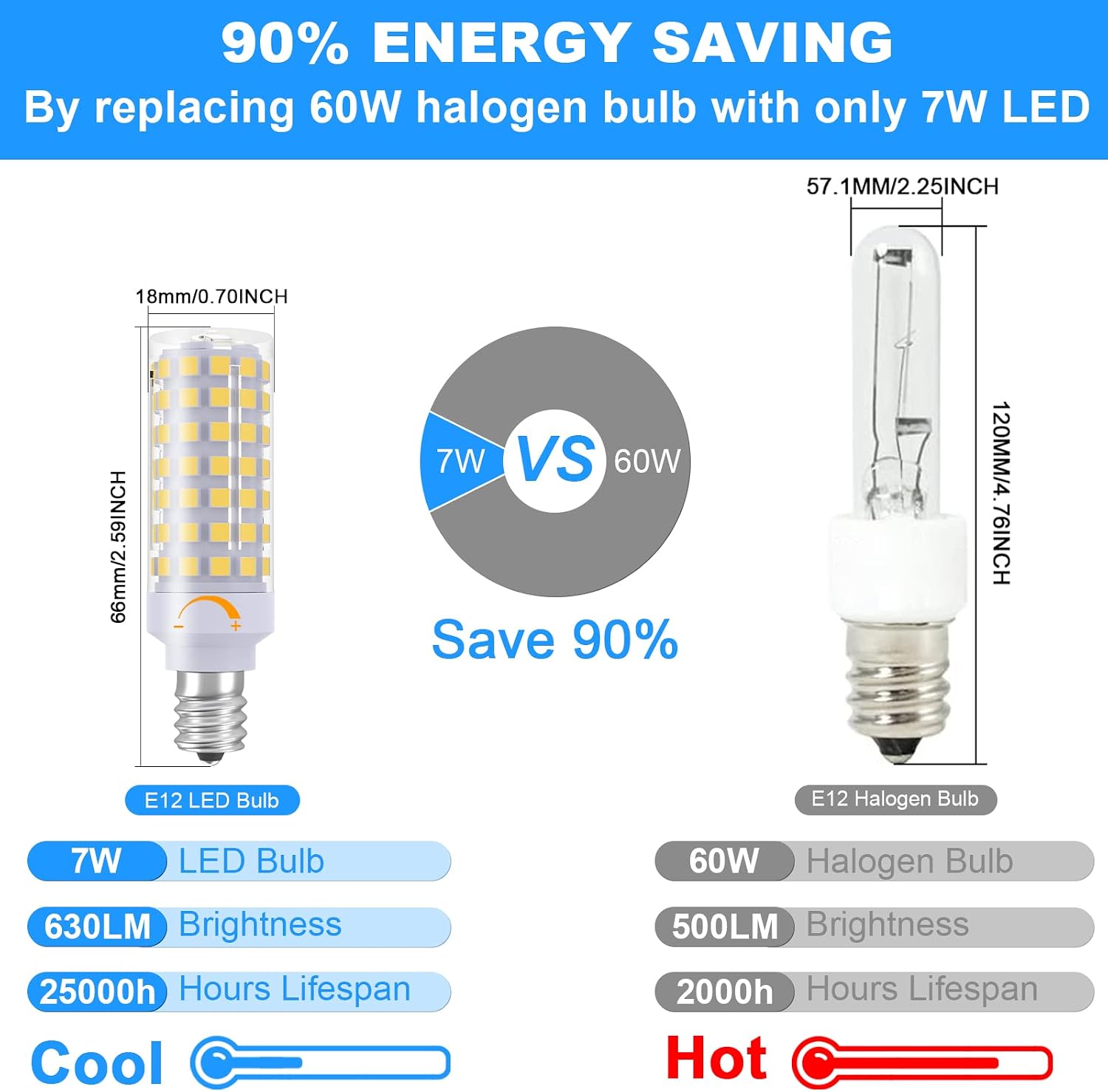 E12 LED Bulb Dimmable 7W Equivalent to 60W Halogen Bulb, Warm White 3000K T6 C7 E12 Candelabra Bulb 60 Watt for Ceiling Fan, Chandelier Lighting, AC120V Kx-2000 Bulbrite Replacement (6 Pack)