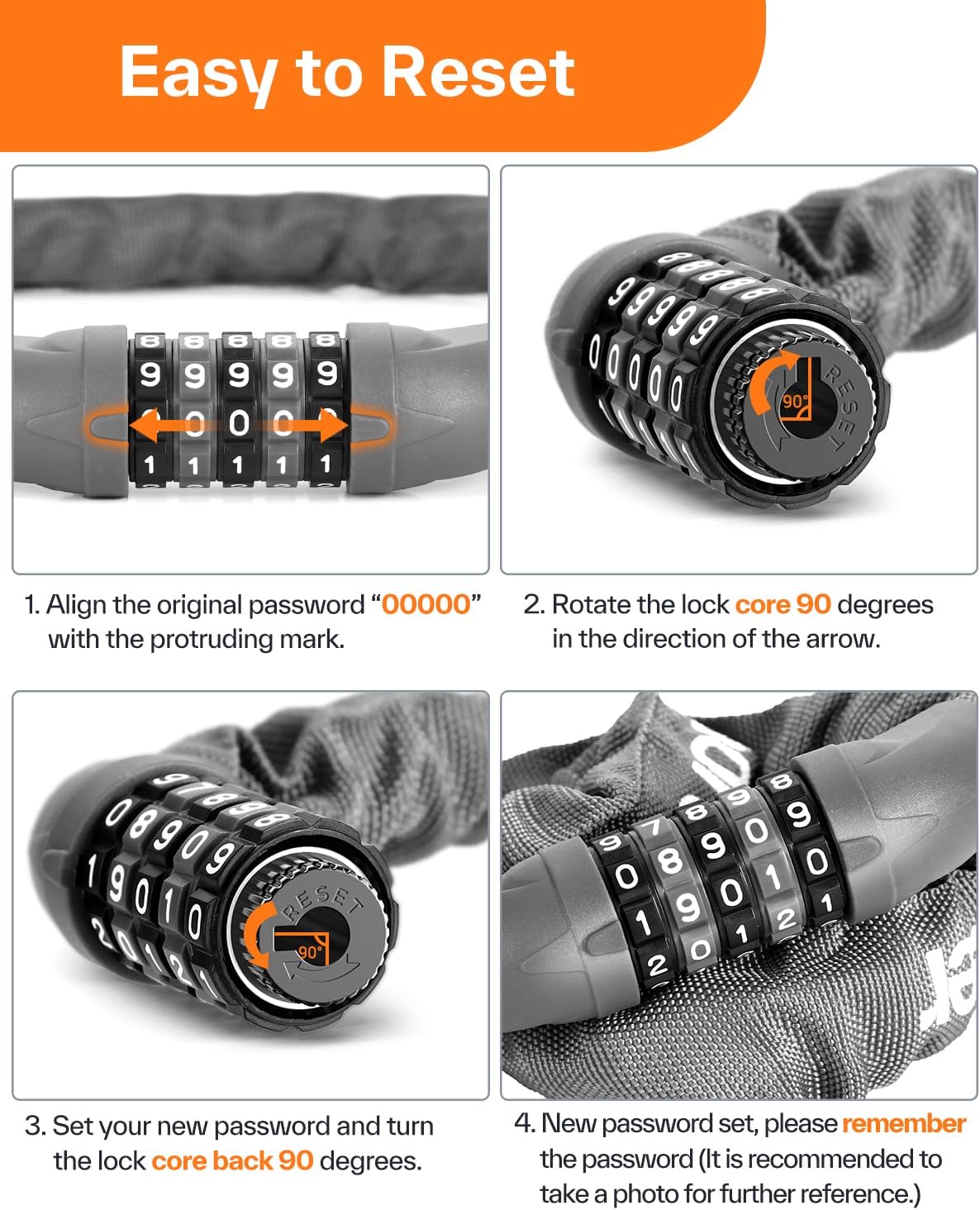 Sportneer Bike Lock: 5 Digit Combination High Security Anti Theft Bike Chain Lock - 3.2/3.6/4ft Heavy Duty Keyless Bicycle Lock for Bike, Motorcycle, Scooter, Door & Gate - 4/6mm Thick, Easy to Use