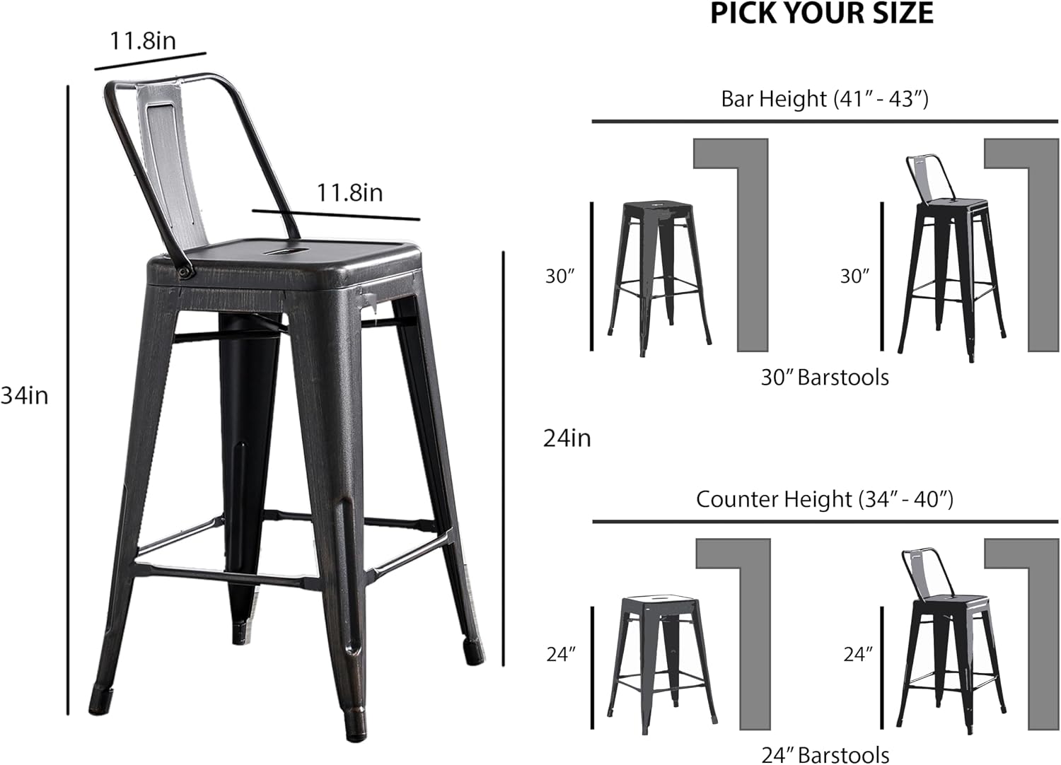AC Pacific 30” Metal Barstool Set of 2 – Country Rustic Style with Low Back, Lightweight & Sturdy Build, Easy Assembly – Matte Black