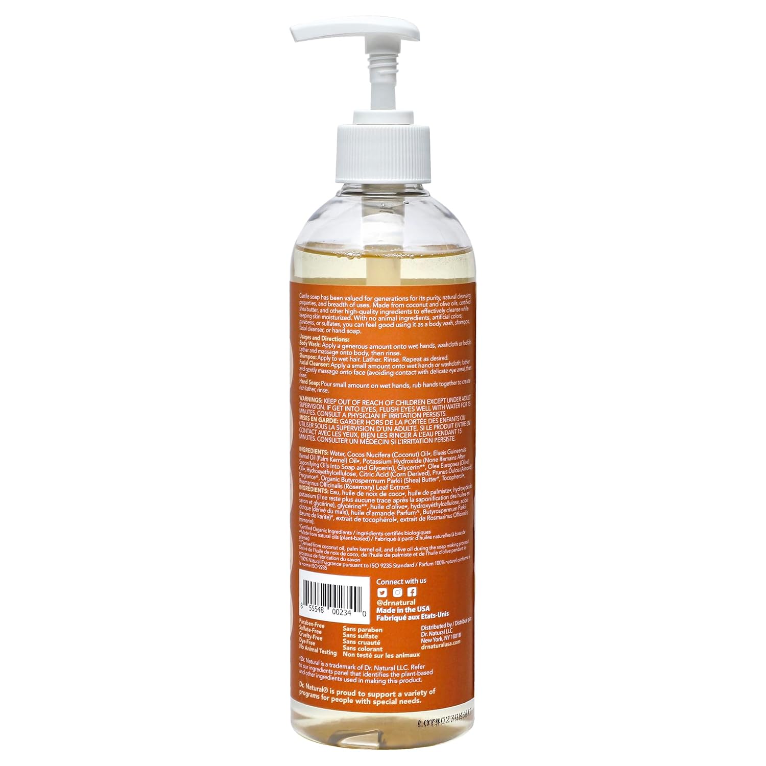 Dr. Natural Castile Liquid Soap - Multi-Use Body Wash, Shampoo and Face Wash - Hydrating Body Soap for Skin, Hair, Pets and Home - Eucalyptus - 32 oz
