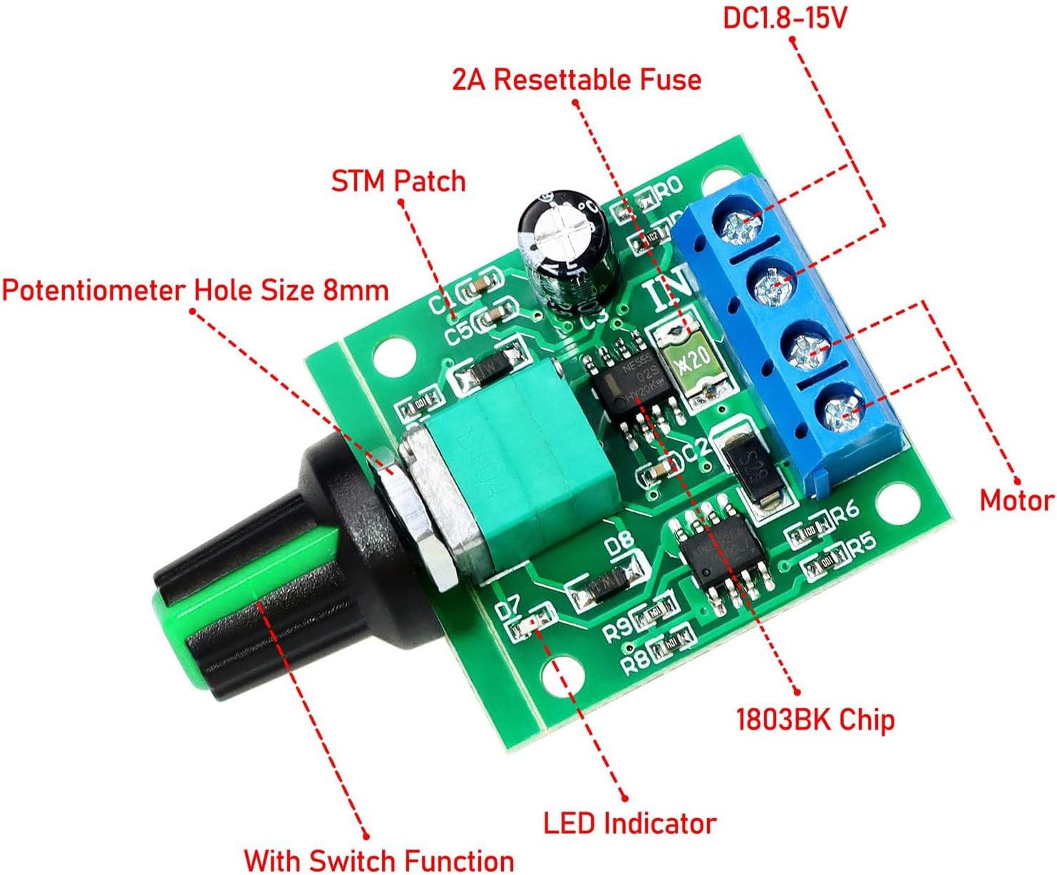 Gebildet 2pcs PWM Low Voltage Motor Speed Controller DC 1.8V 3V 5V 6V 12V 2A 1803BK 1803B Adjustable Driver Switch with Speed Control Knob