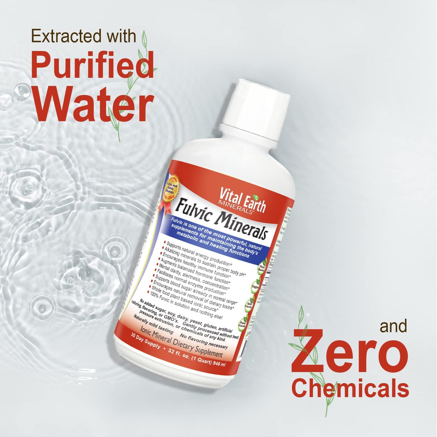 Vital Earth Minerals Fulvic Minerals Liquid – Fulvic Acid Supplement with 70+ Trace Minerals, Electrolytes for Energy & Vitality, 32 Oz + 1 Oz Cup