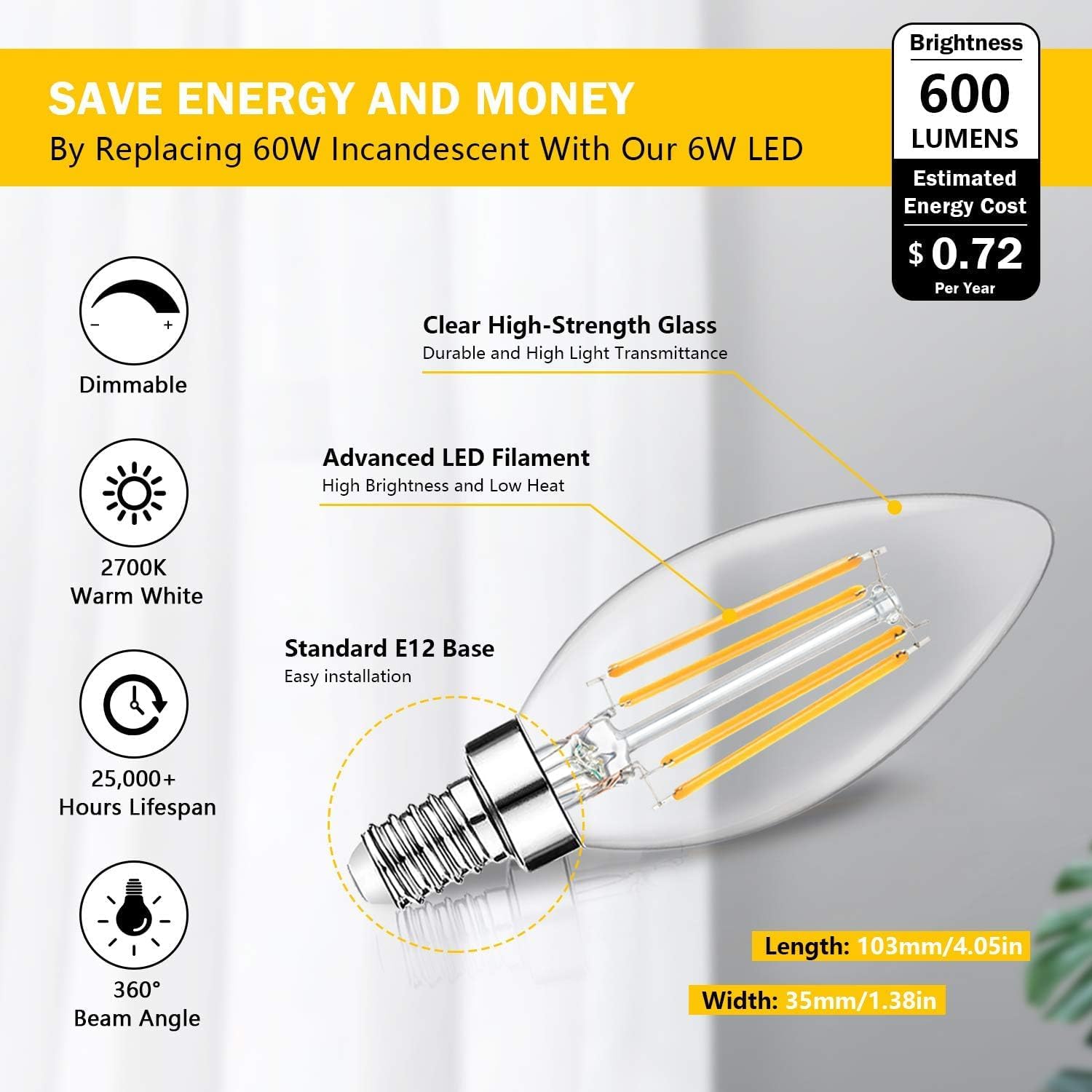 BesLowe 12-Pack Dimmable E12 LED Candelabra Bulbs 60W Equivalent, 2700K