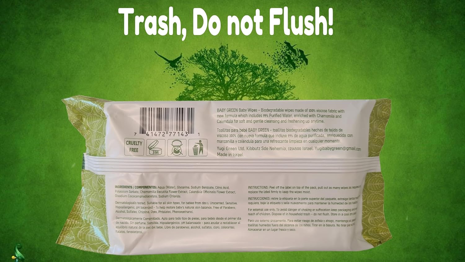 Yugi Green Baby Wipes for Babies Unscented, Made with Renewable Plant Fibers, Plant-Based, Fragrance-Free, for Sensitive Skin, 12 Packs, 72 Count