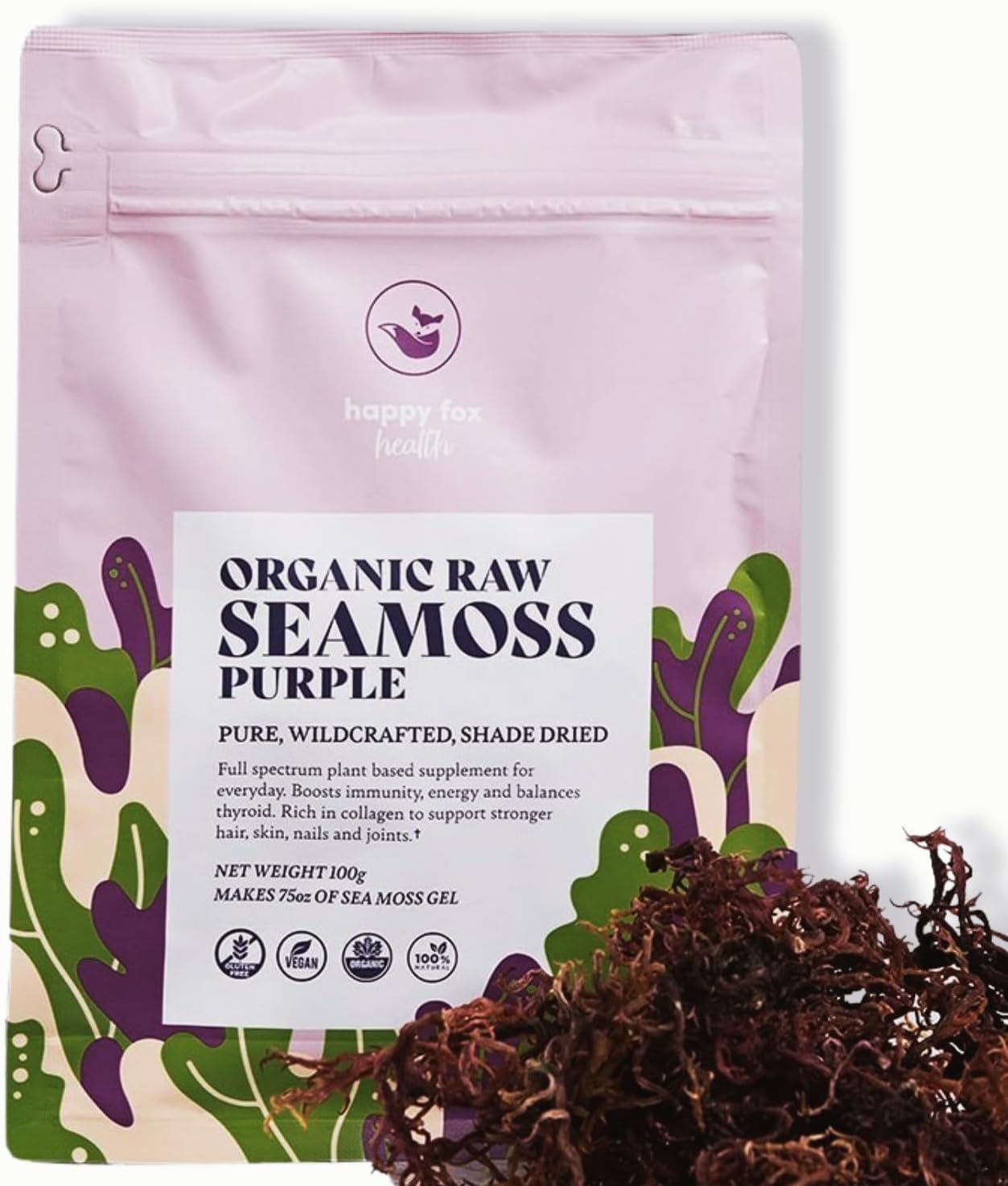 HAPPY FOX Organic Sea Moss Raw Gold - Makes 75oz of Seamoss Gel Rich in Vitamins & Minerals, Certified Non-GMO, Wildcrafted, Sundried Superfood - 3.5 oz Bag