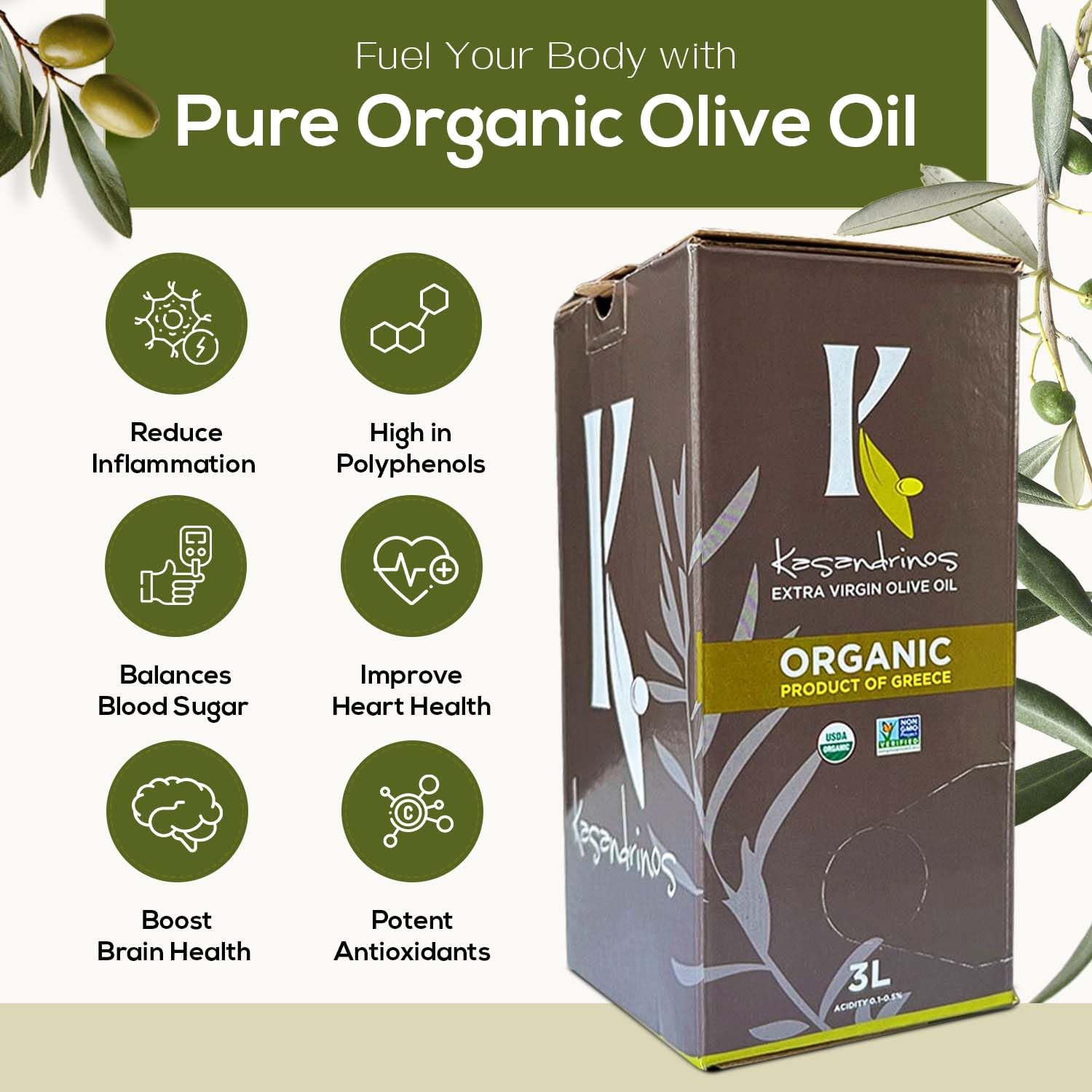 Kasandrinos Organic Olive Oil Extra Virgin, Polyphenol Rich Greek Olive Oil, 100% Organic First Cold Pressed, Mild + Delicate Flavor, Verified by Non GMO, 500 ml / 16.9 oz