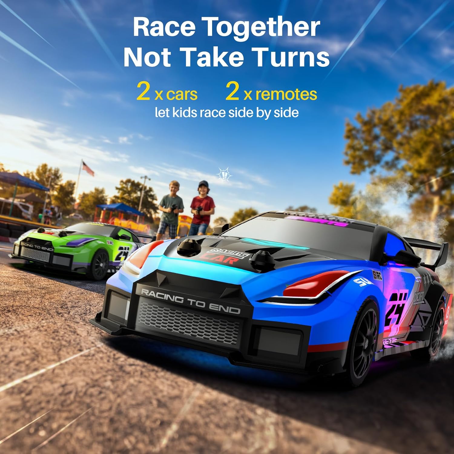 Geyiie 2 Pack RC Drift Cars for Kids, Complete 2-Player Racing Set | 1:24 Scale, LED Lights, 4 Batteries, Drift and Grip tires