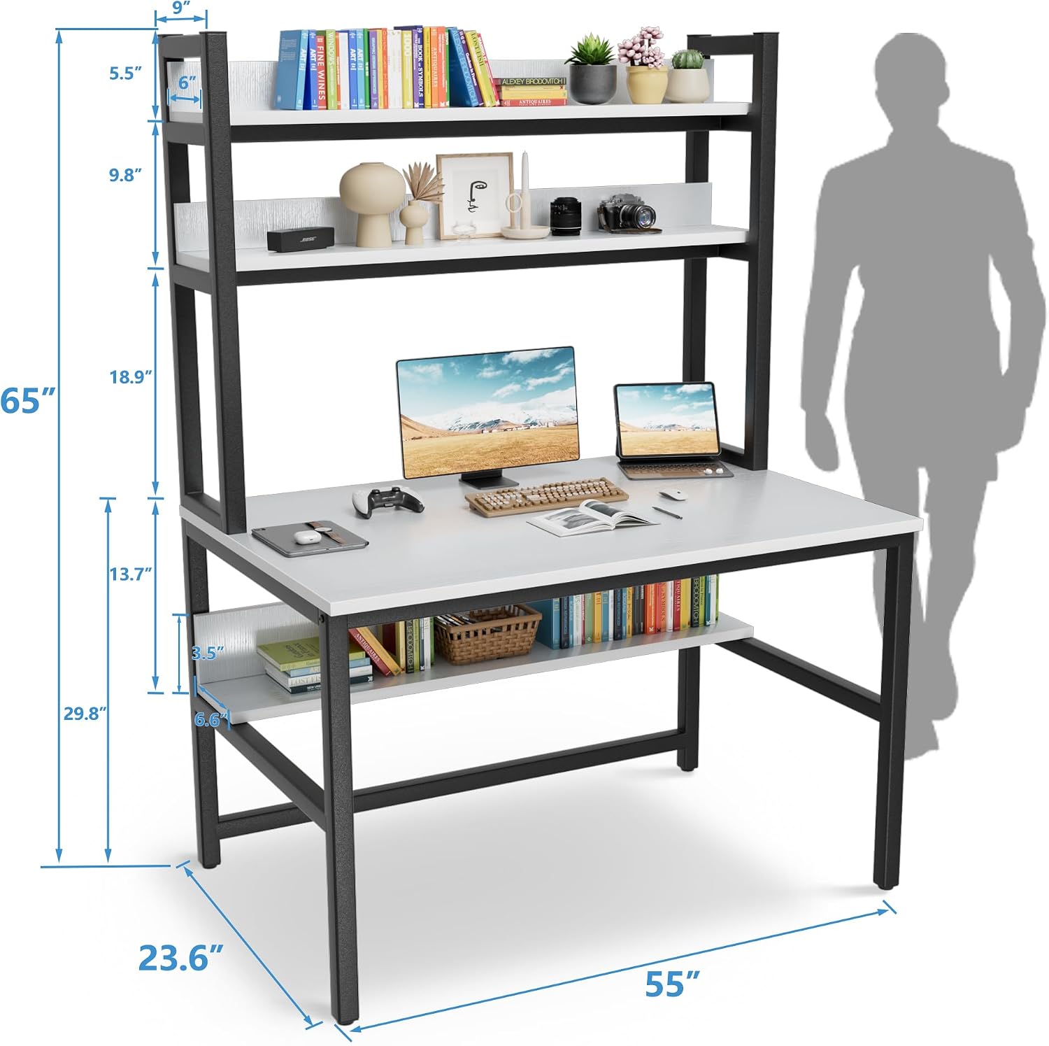 Aquzee Computer Desk with Shelves, 47" W x 23.6" D Gaming Desk with Hutch and Bookshelf