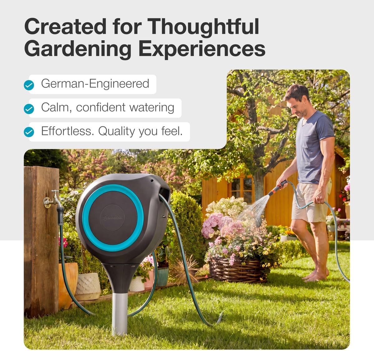 GARDENA Automatic Retractable Garden Hose Reel - 50 Feet - 360 Degree Swivel Outdoor Hose Reel with Metal Spike Base - Auto Retract - UV Resistant