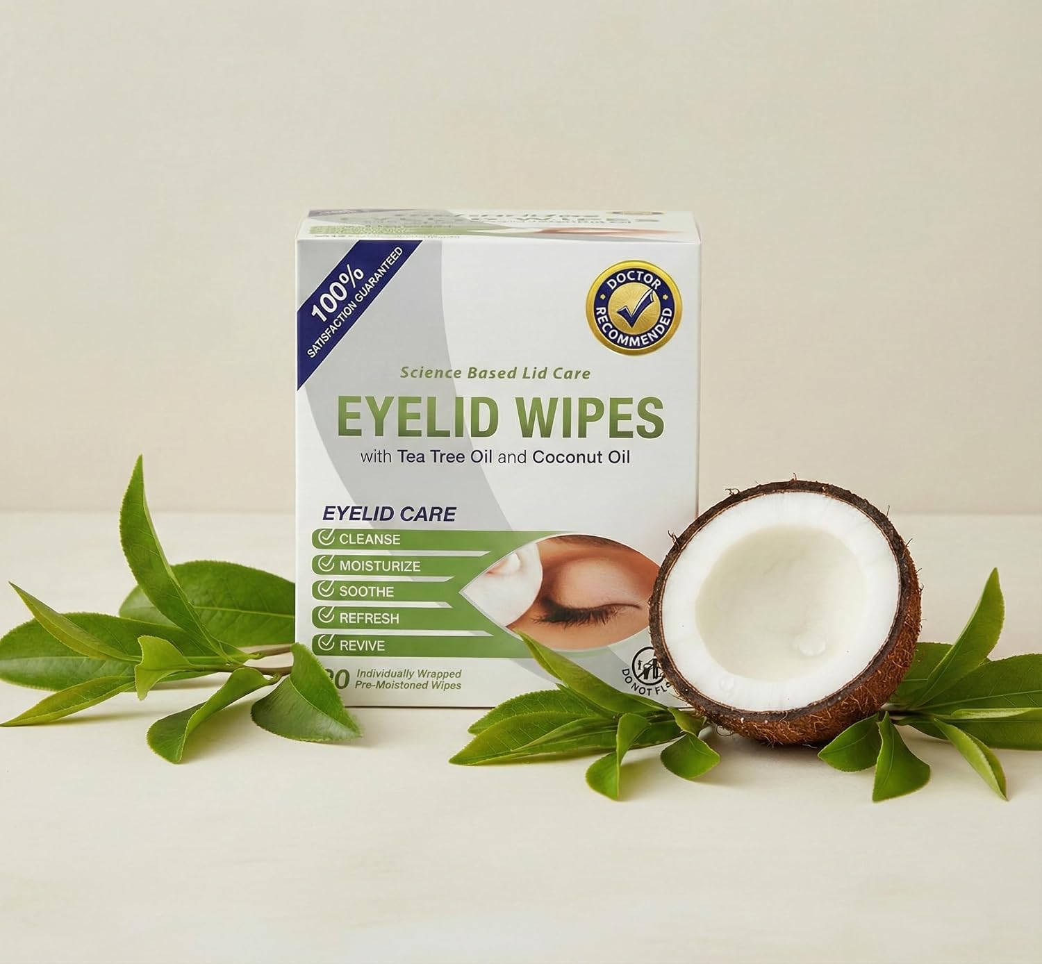 Lunovus Premium Eyelid Wipes With Tea Tree and Coconut Oil - Cleansing Wipes for People Itchy Eyes - Individually Wrapped - Box Of 30 Natural Eye