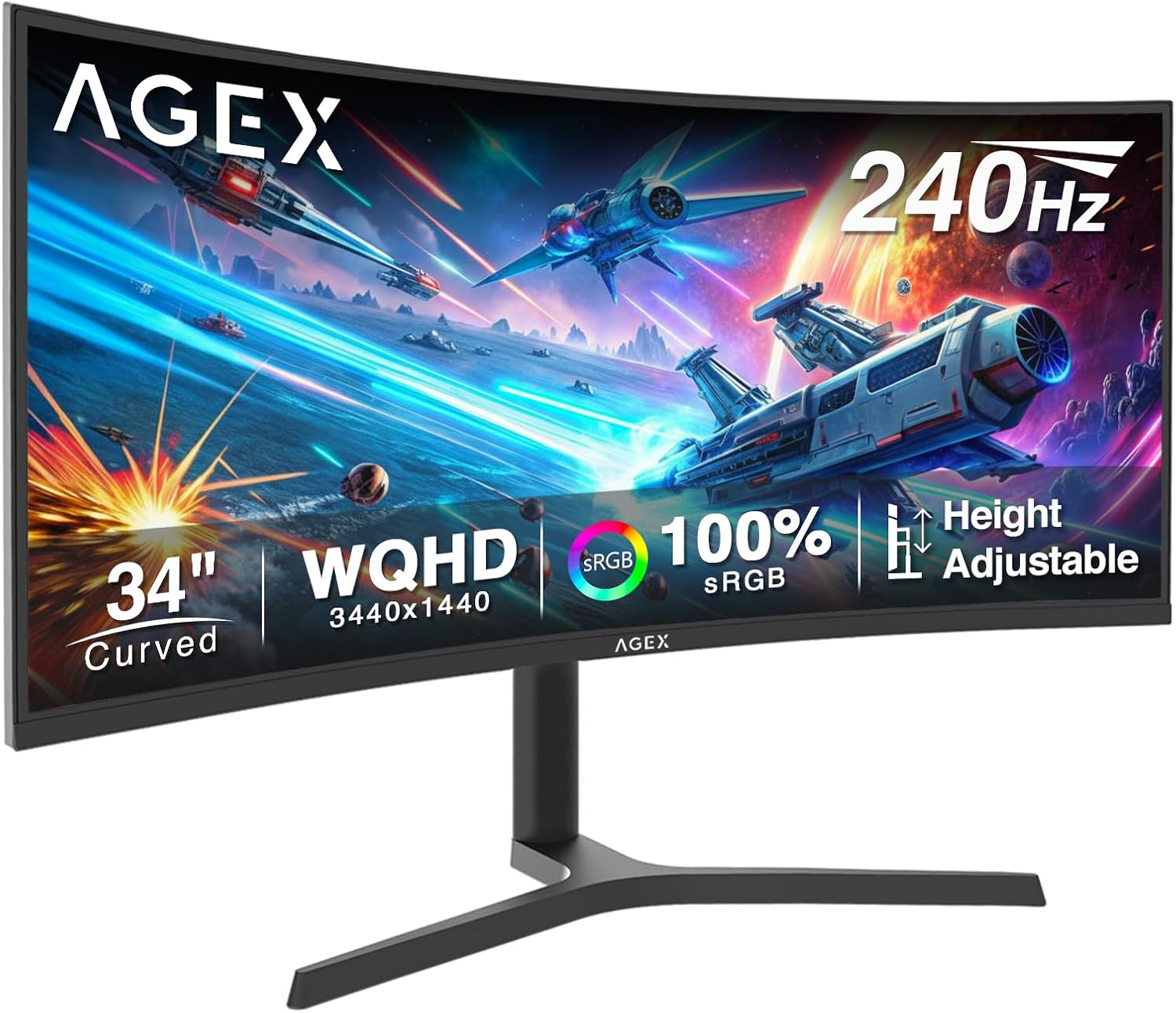 Z-Edge 34 inch WQHD 1440P Curved Gaming Monitor, 240Hz Computer Monitor | AG34P 1500R Frameless 21:9 Curved Screen, Height Adjustable, Office & Gaming, 1ms, Dual DP & HDMI, Metal Stand