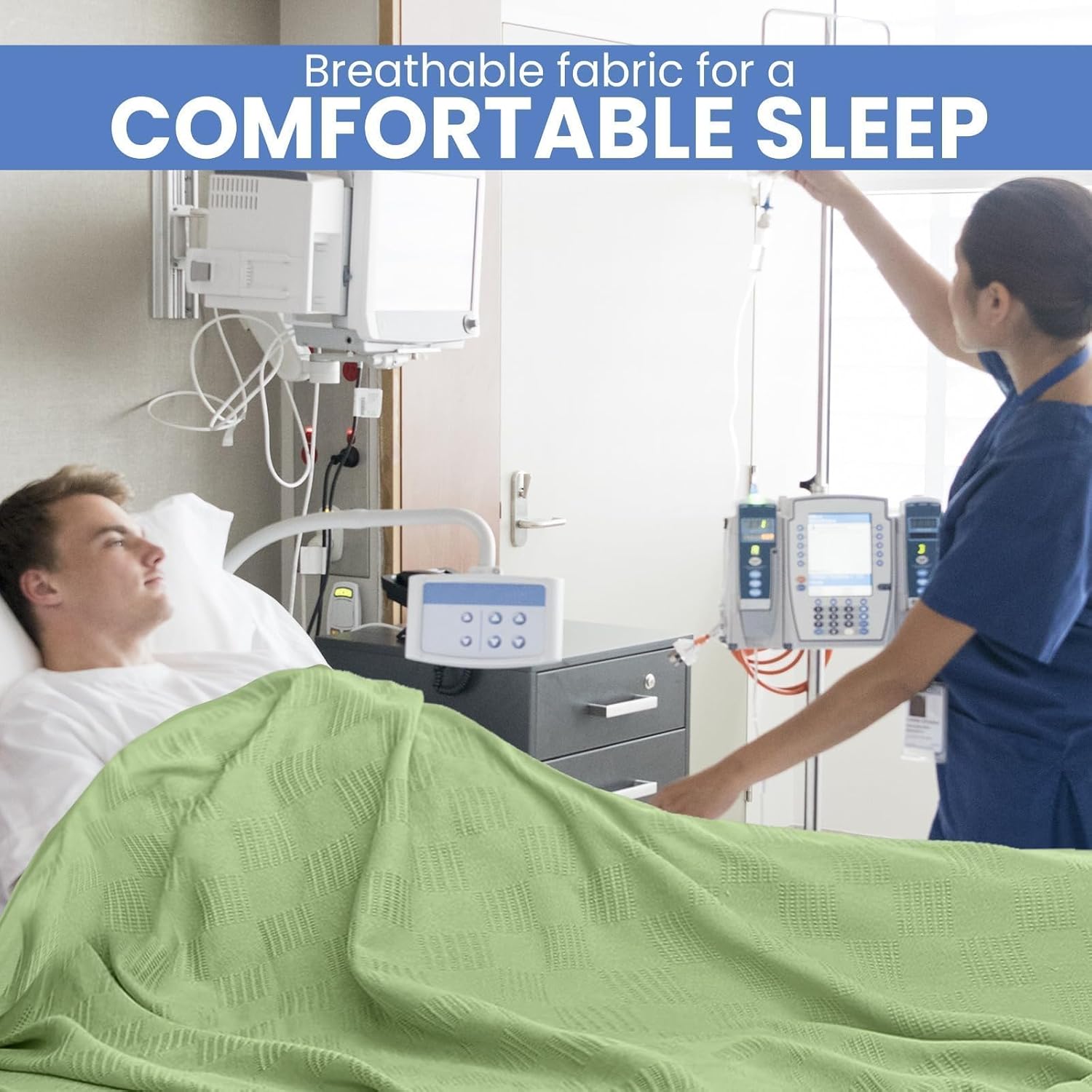 Linteum Textile Hospital Thermal SNAGLESS Spread Blanket, 100% Cotton (74x100 in, Blue)