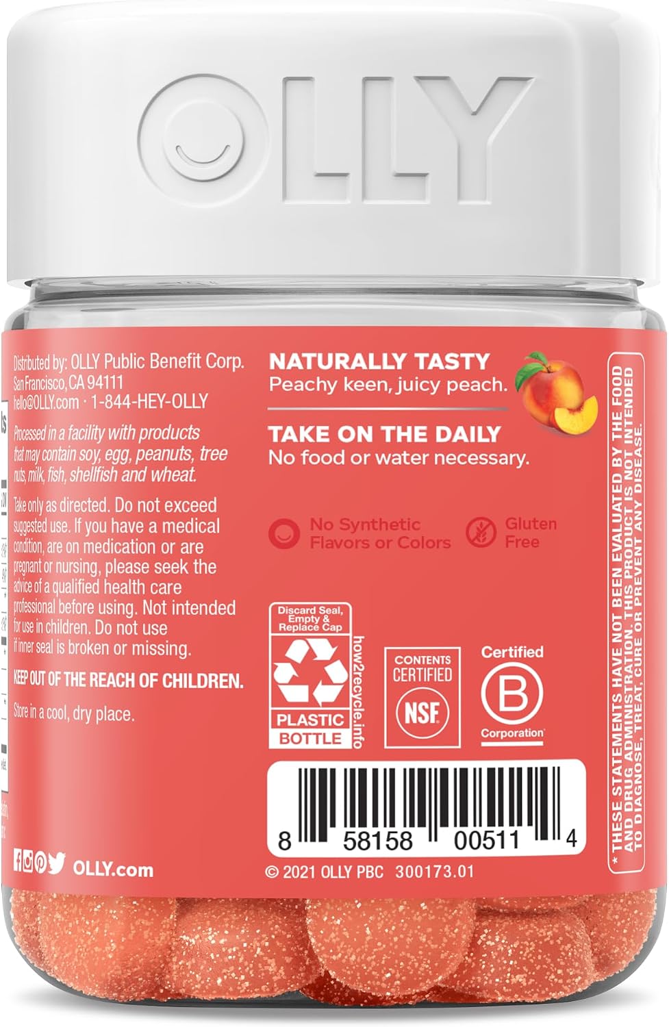 OLLY Probiotic + Prebiotic Gummy, 500 million CFUs, Peachy Peach - 30 Count