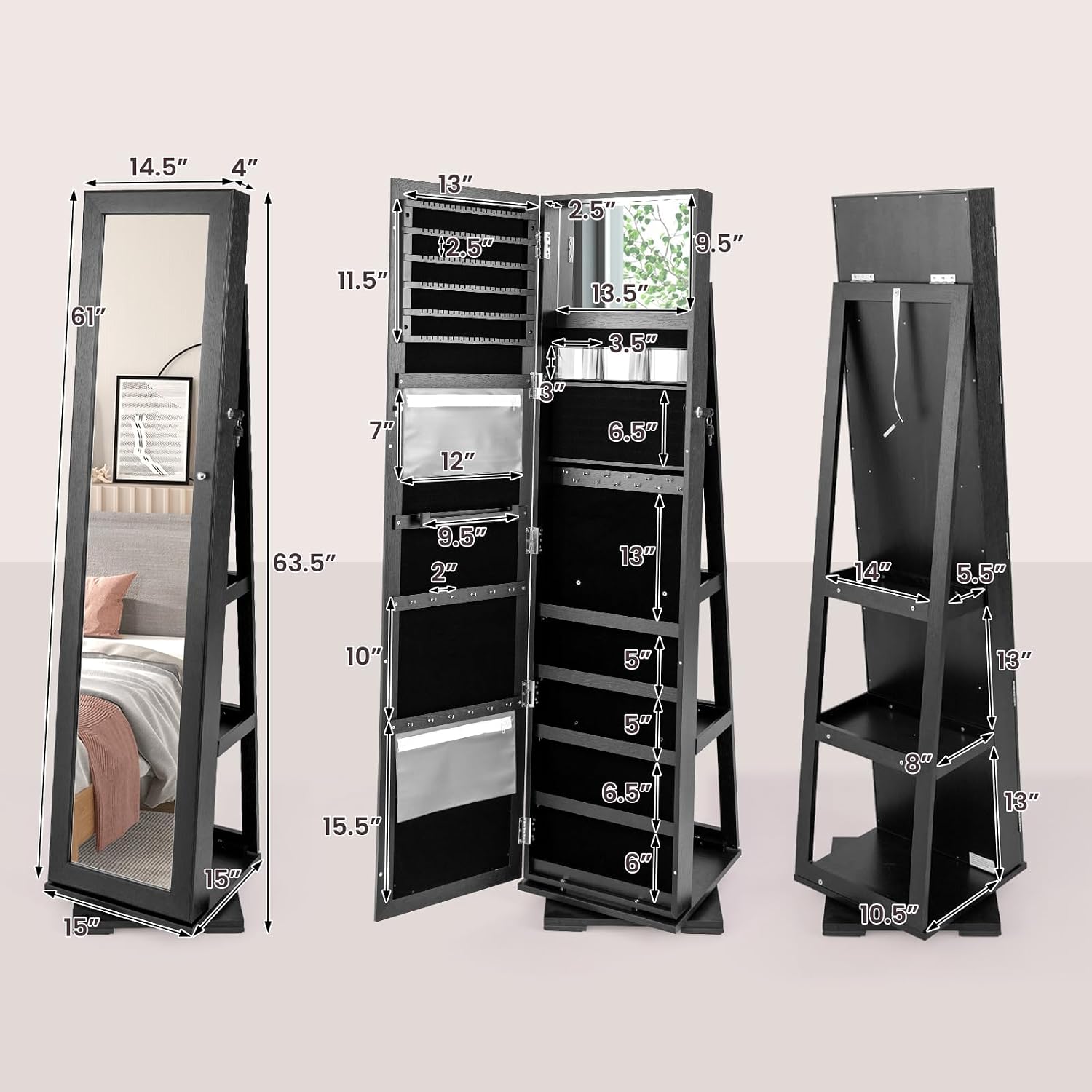 CHARMAID 360° Swivel Jewelry Armoire with Higher Full Length Mirror, Standing Lockable Jewelry Cabinet Organizer with Large Storage Capacity