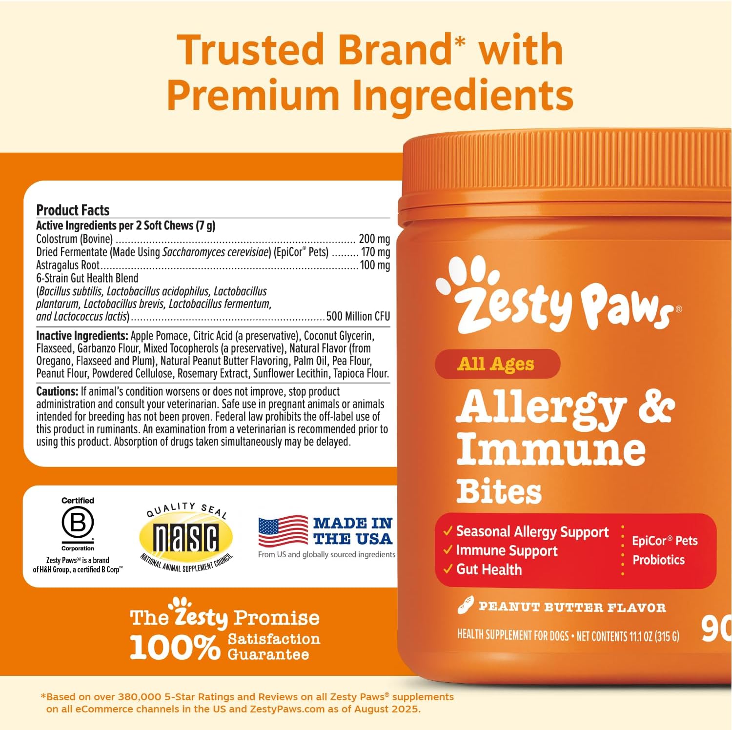 Zesty Paws Allergy Immune Bites - Dog Allergy Chews, Dog Probiotics for Itchy Skin and Ears, Lamb, 90ct