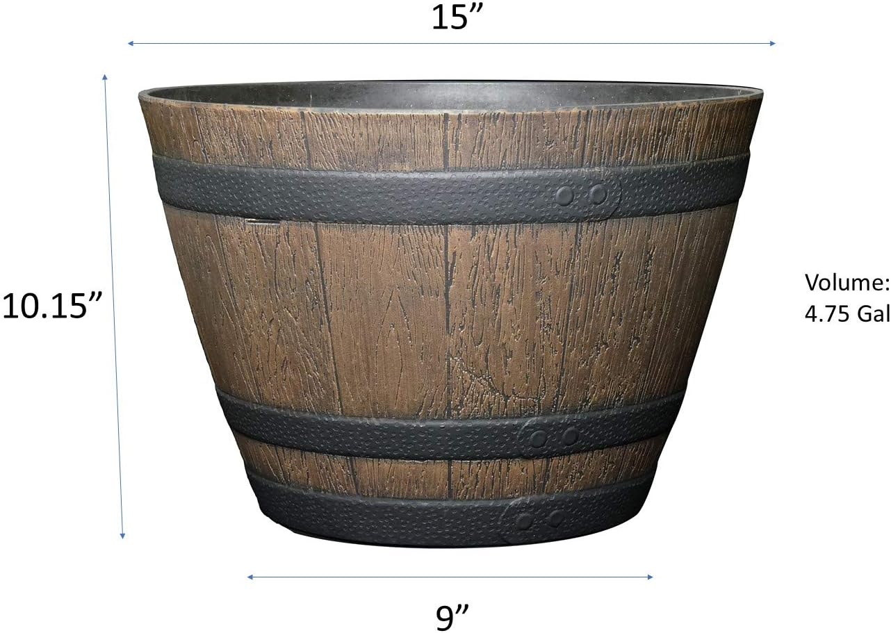 Outdoor Whiskey Resin Flower Pot Barrel Planter, Walnut Brown, 15"