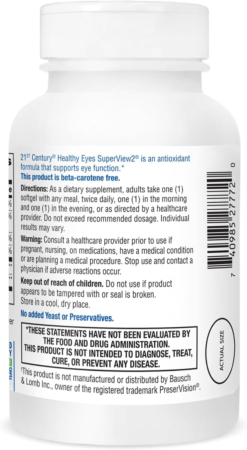 21st Century Healthy Eyes SuperView Eye Vitamin Softgels, 120 Count | High-Potency Eye Vitamin & Mineral Softgels with Vitamin C, Compare VS. Bausch + Lomb PreserVision® AREDS 2 Formula, Non-GMO