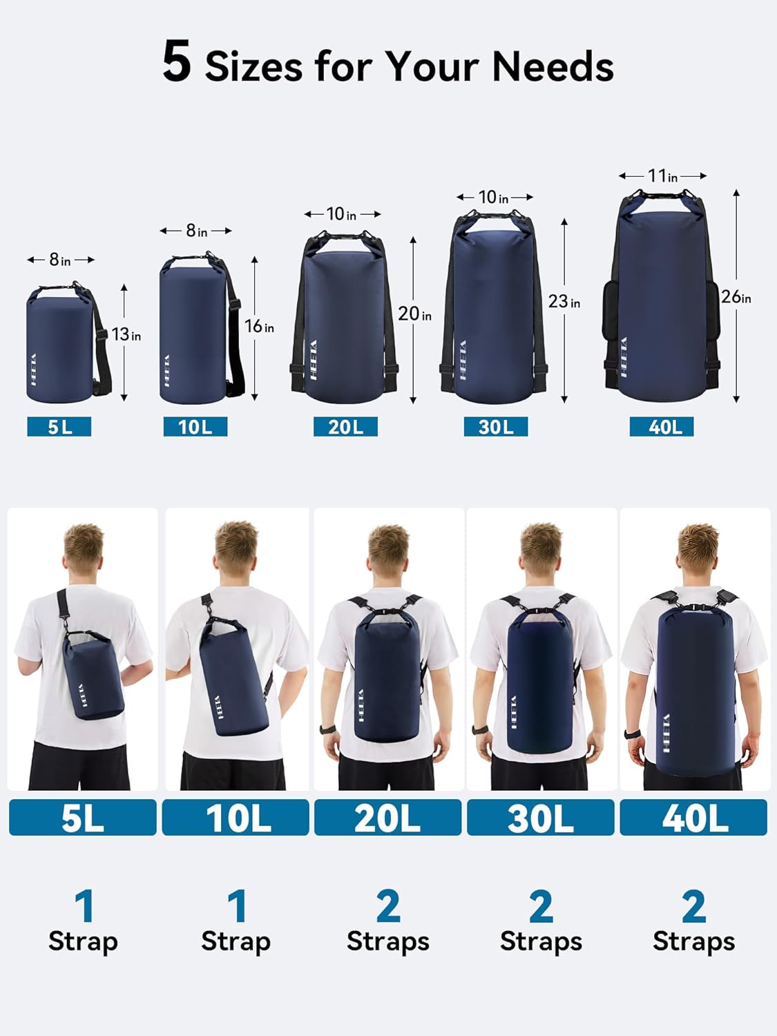 HEETA Waterproof Dry Bag Backpack with Emergency Whistle 5L/10L/20L/30L/40L