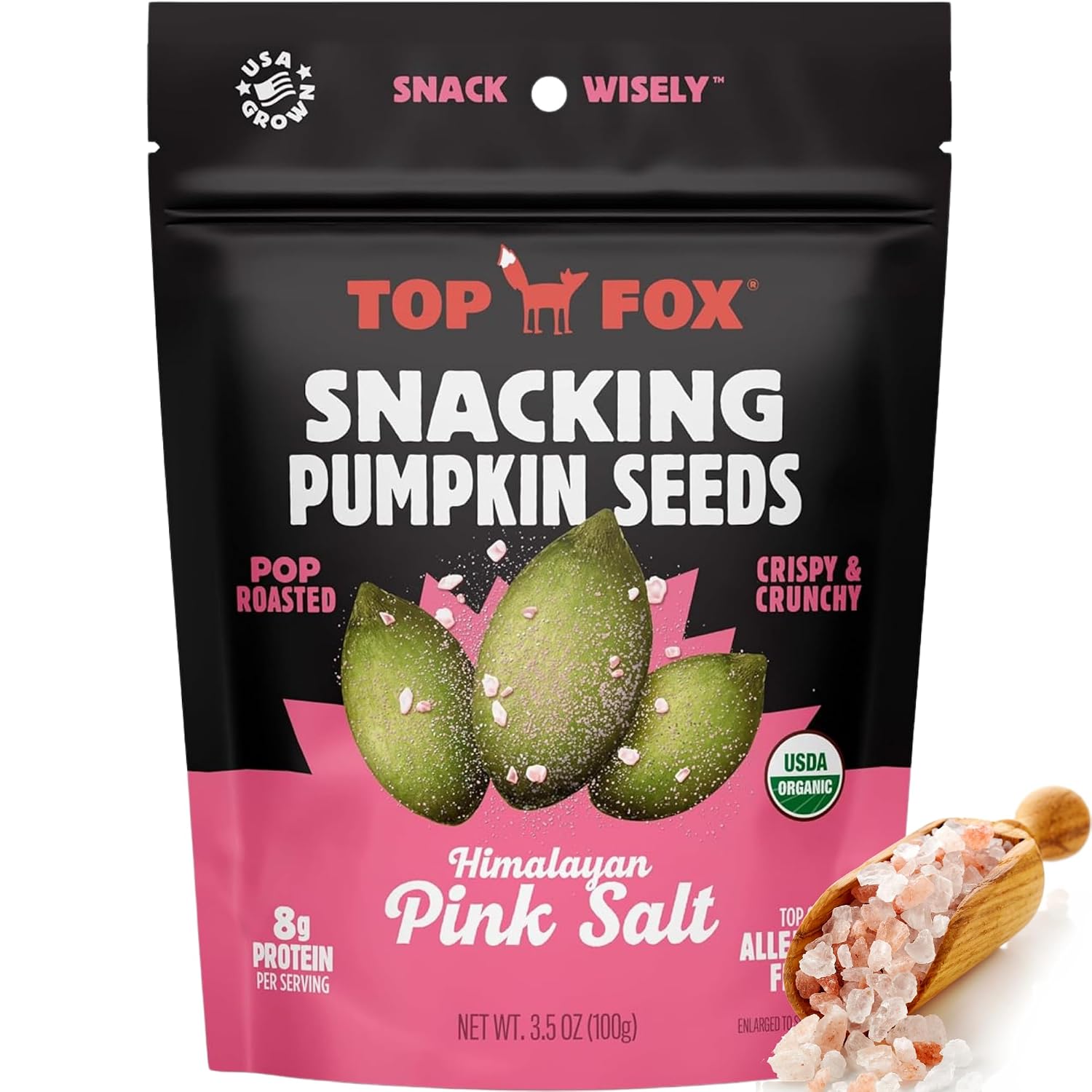 Top Fox Snacks - Organic Pop-Roasted Pumpkin Seeds | Healthy Protein Snacks - Gluten Free - Keto and Vegan Friendly (Himalayan Salt, 3.5 oz - 2 Pack)