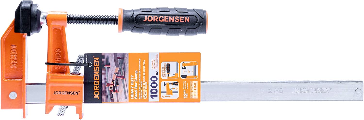 Pony Jorgensen 3712-HD 12-Inch Heavy-Duty Steel Bar Clamp, Orange | 3-Inch Reach Orange Clamp, Non-Marring Pads, Multiple-Disc Clutch