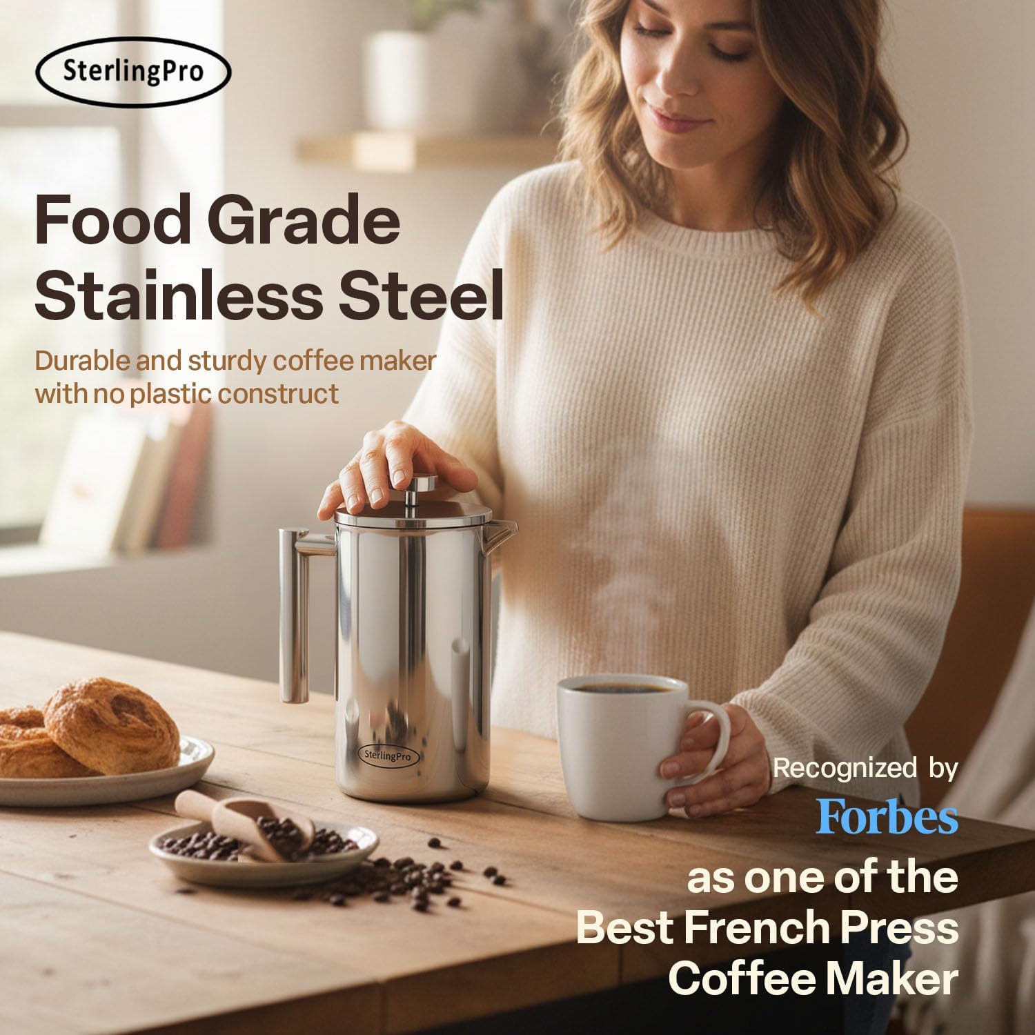 SterlingPro Large Insulated Stainless Steel French Press Coffee Maker 51oz Capacity (44 oz Brew Yield) – Double Wall Metal Coffee Press | Plastic Free | Cool-Touch | Mirror Finish | 12 Cups / 6 Mugs