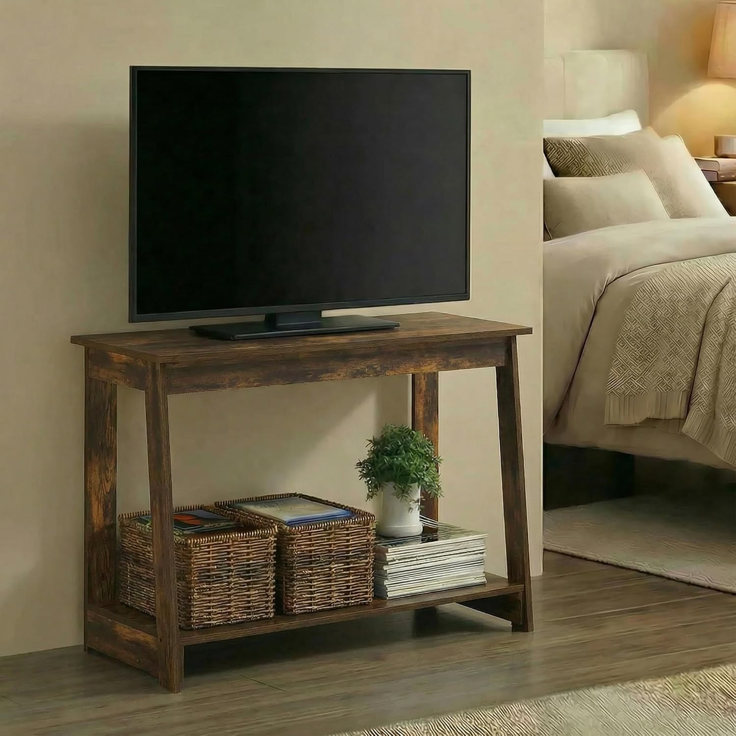 Furinno Beginning TV Stand, 2-Tier Rectangular Entertainment Center with Shelf, TV Console for TV up to 36 Inch, Open Back, for Living Room, Bedroom, French Oak