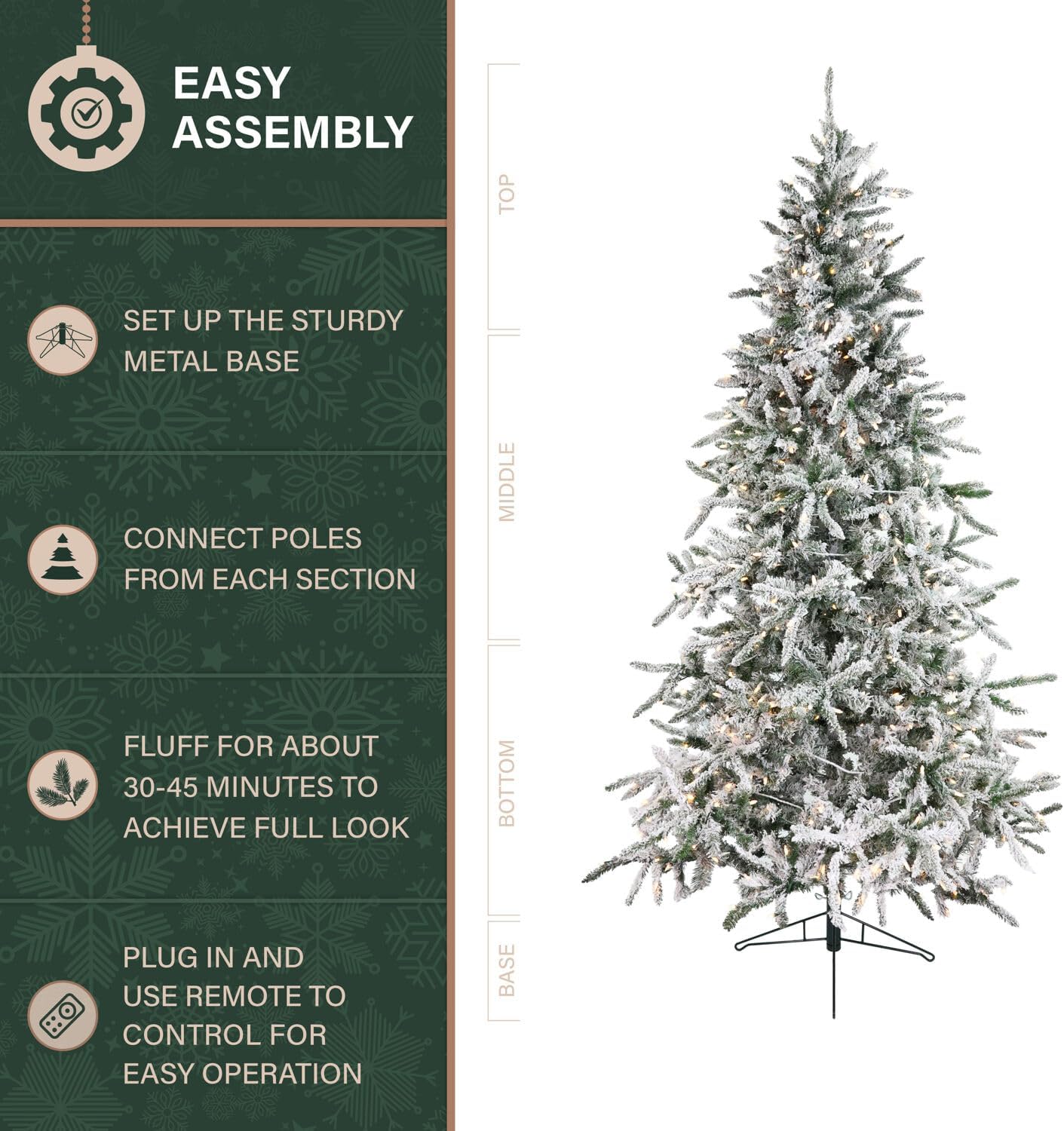 Fraser Hill Farm 7.5-Ft. Mountain Pine Flocked Artificial Christmas Tree with Stand, Unlit Foldable Fake Tree with Realistic Snowy Foliage for Home Decoration