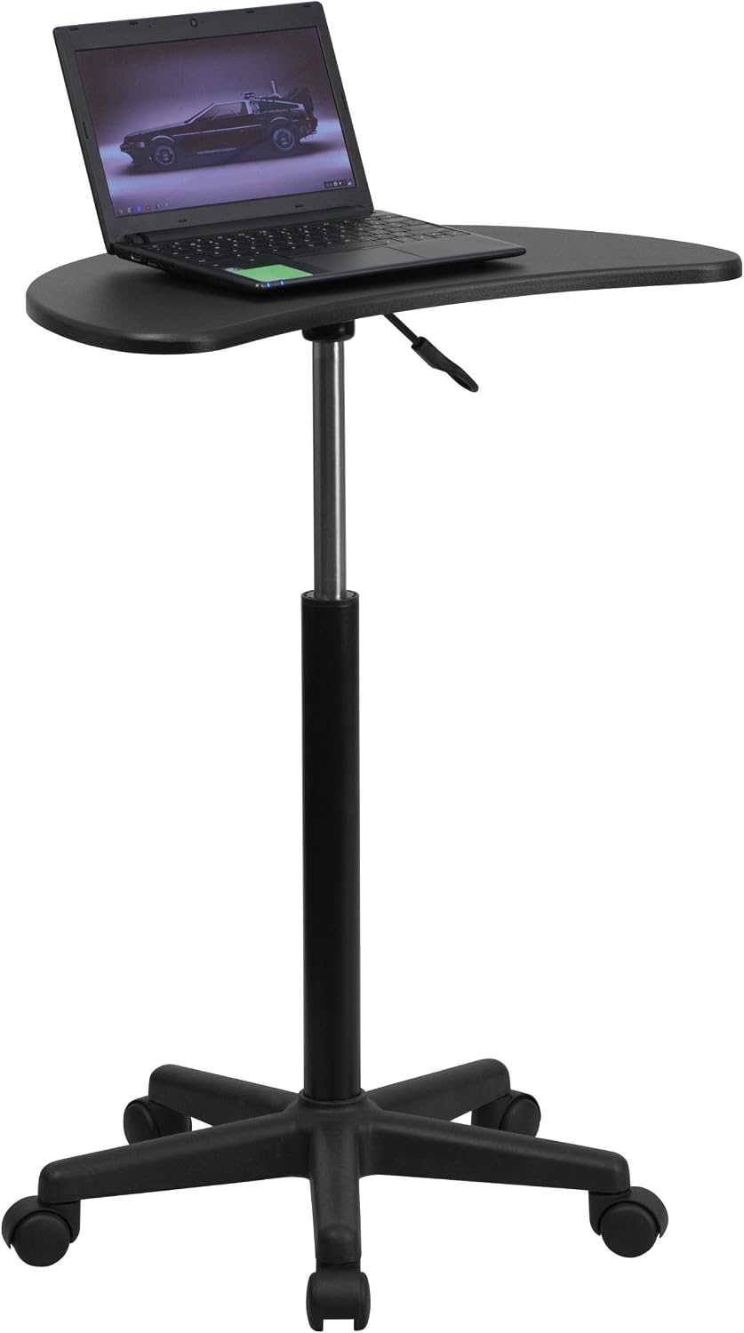 Flash Furniture Eve Sit to Stand Mobile Laptop Desk/Speaker's Lectern with Wheels, Modern Height-Adjustable Portable Standing Computer Desk, Black | Heavy Duty Nylon Base, Dual Wheel Casters