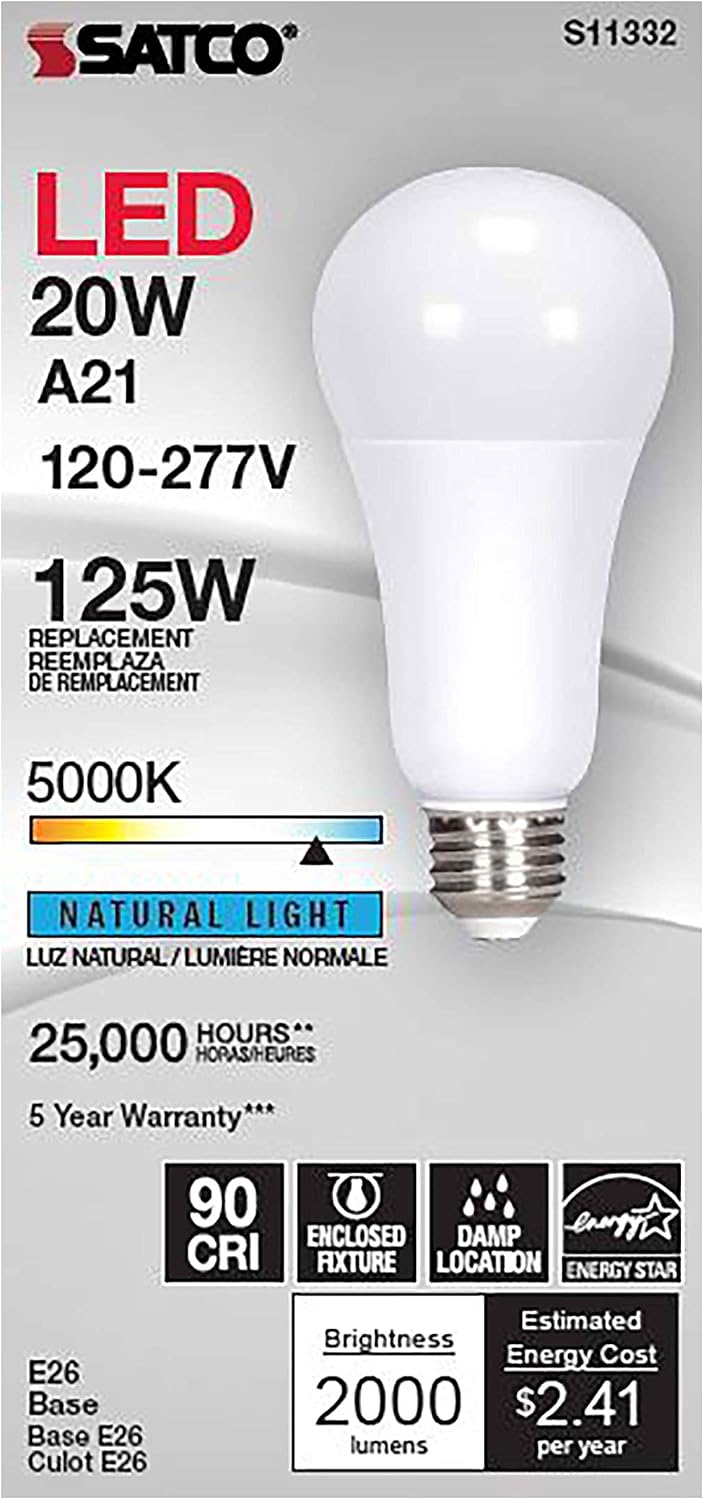 Satco S11332 LED A21 Lamp, 5000K, 220 deg. Beam Angle , White