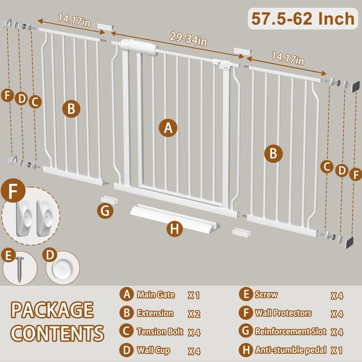Fairy Baby Extra Wide Baby Gate for Doorways Auto Close Safety Gates for Bedroom, Fits 57.5 Inch to 62 Inch with Pressure Mounted Extention Kit, White | Pressure Mounted No Drill Pet Gate with Door, Heavy Duty Walk-Through Gate for Toddlers, Kids, Dogs,…