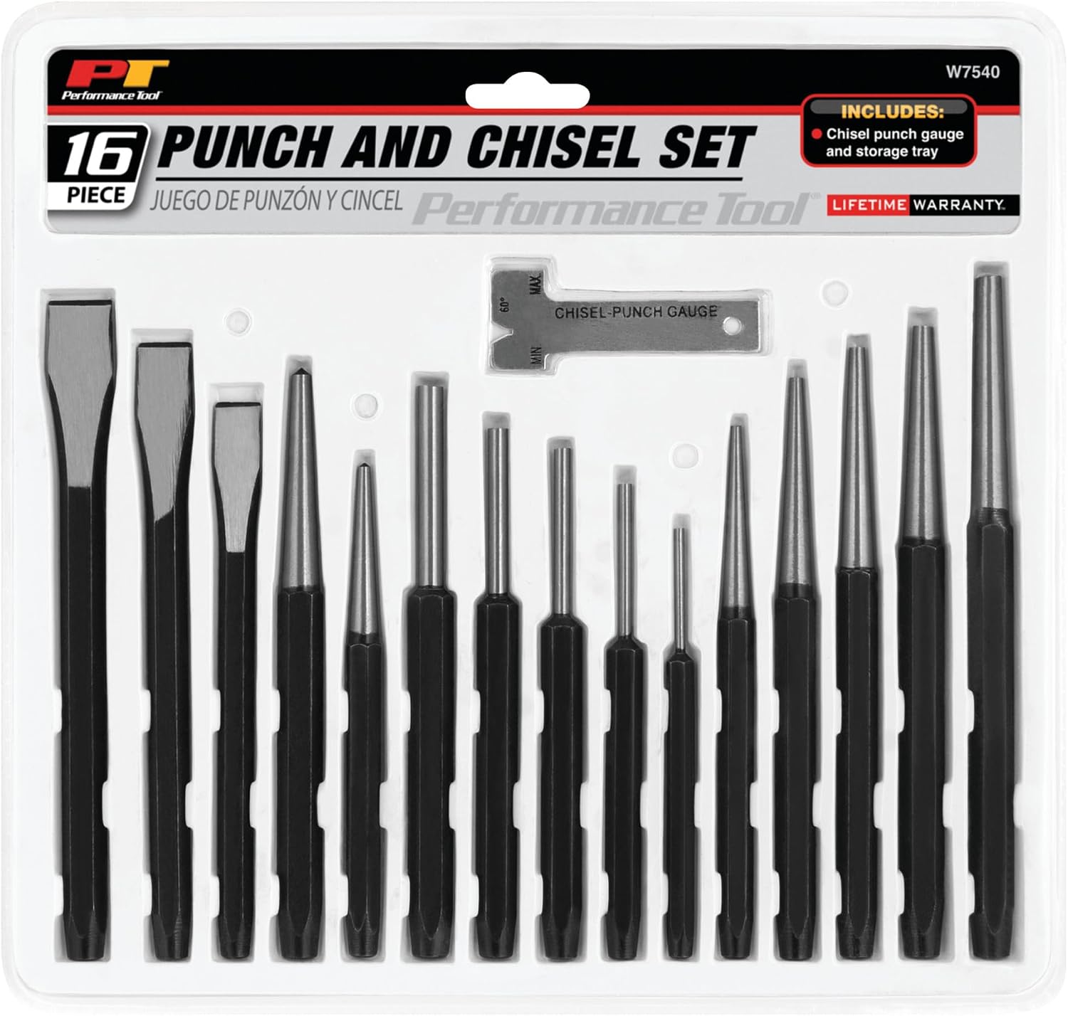 Performance Tool W758 5-Piece 8 in. Long Pin Punch Set | Carbon steel construction with hardened tips. Knurled handles for sure grip. Reaches deeply set pins