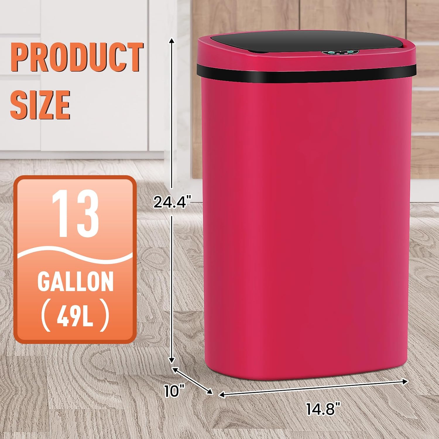 13 Gallon Touch-Free Automatic Stainless-Steel Trash Can Garbage Can Metal Trash Bin with Lid for Kitchen Living Room Office Bathroom, Electronic Motion Sensor Automatic Closure & Opening