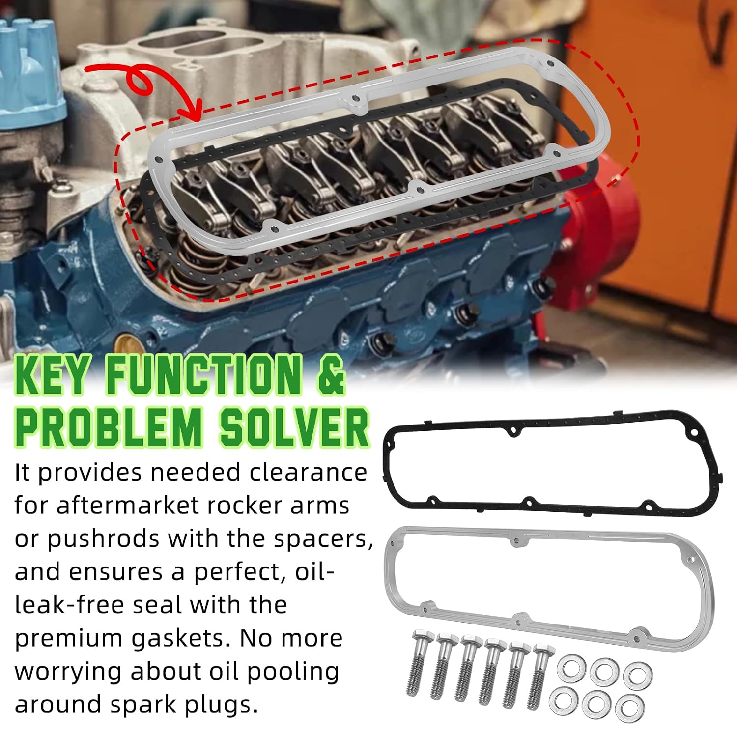 Valve Cover Spacer and Gasket Kit for Ford 289 302 351W SBF V8 | Includes 1/2 Inch Aluminum Spacers, Steel Core Gaskets