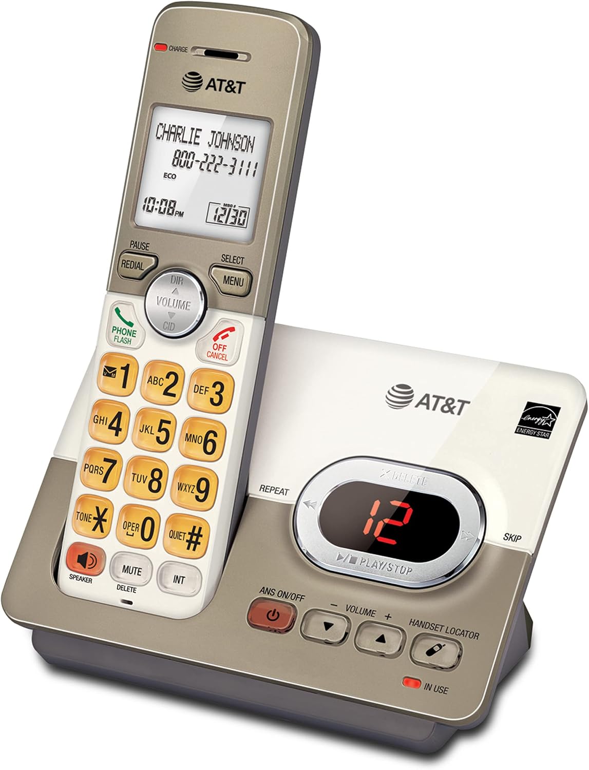 AT&T EL52213 2-Handset Cordless Phone, Light Champagne | Digital Answering System, Extra-Large Backlit Keys, Caller ID/Call Waiting, DECT 6.0, Expandable Speakerphone